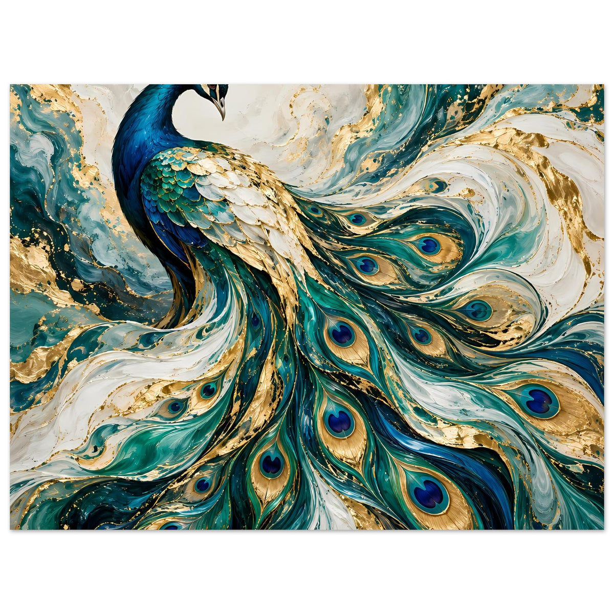 Pfauen-Kunstposter, Querformat: detailreicher Pfau mit Pfauenaugen in Blaugrün und Gold.