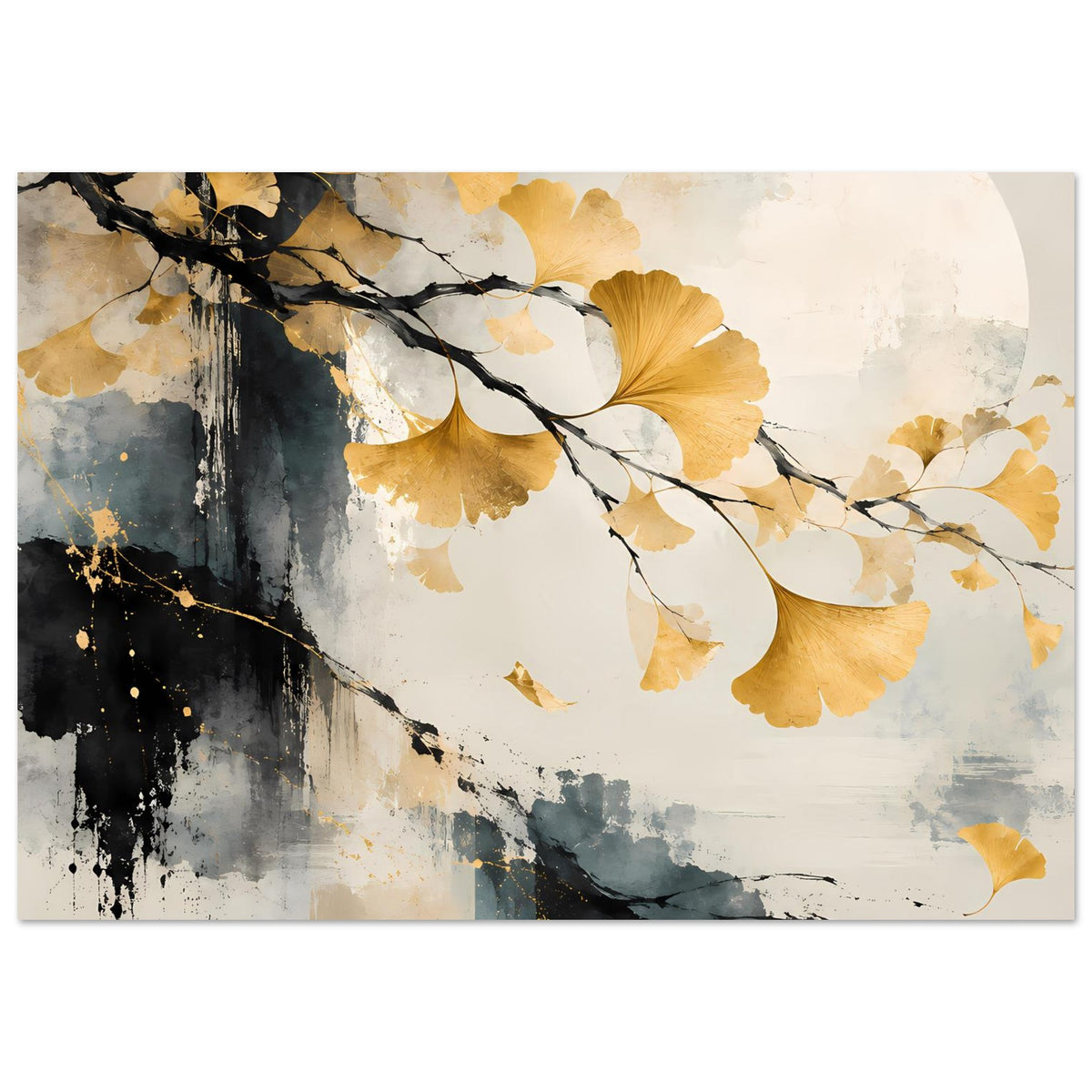 Kunst-Poster mit goldenen Ginkgo-Blättern, schwarzen Zweigen und abstraktem Aquarell-Look