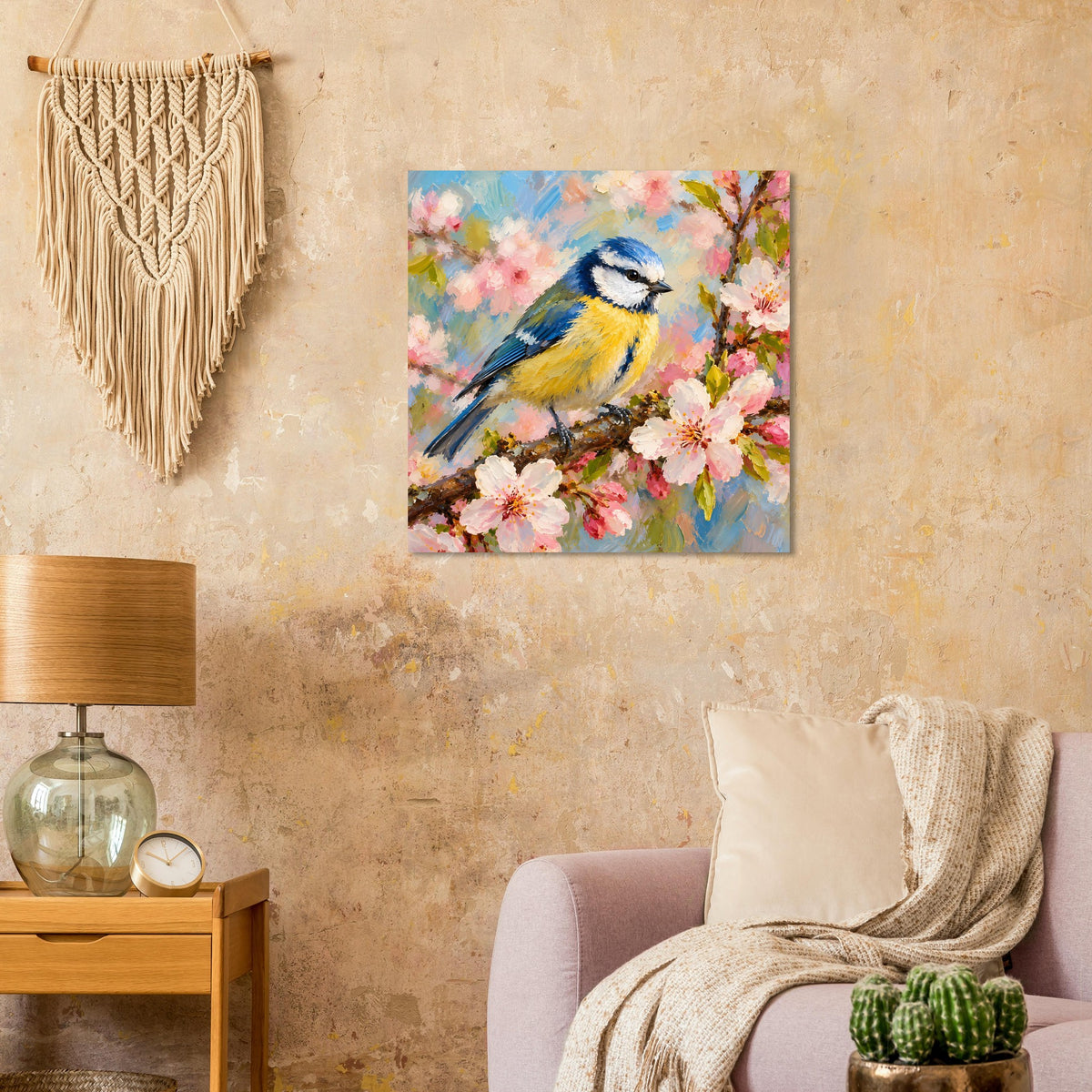 Vogelmotiv-Poster auf Mattpapier mit blauem Vogel und rosa Blütenzweigen, quadratisch