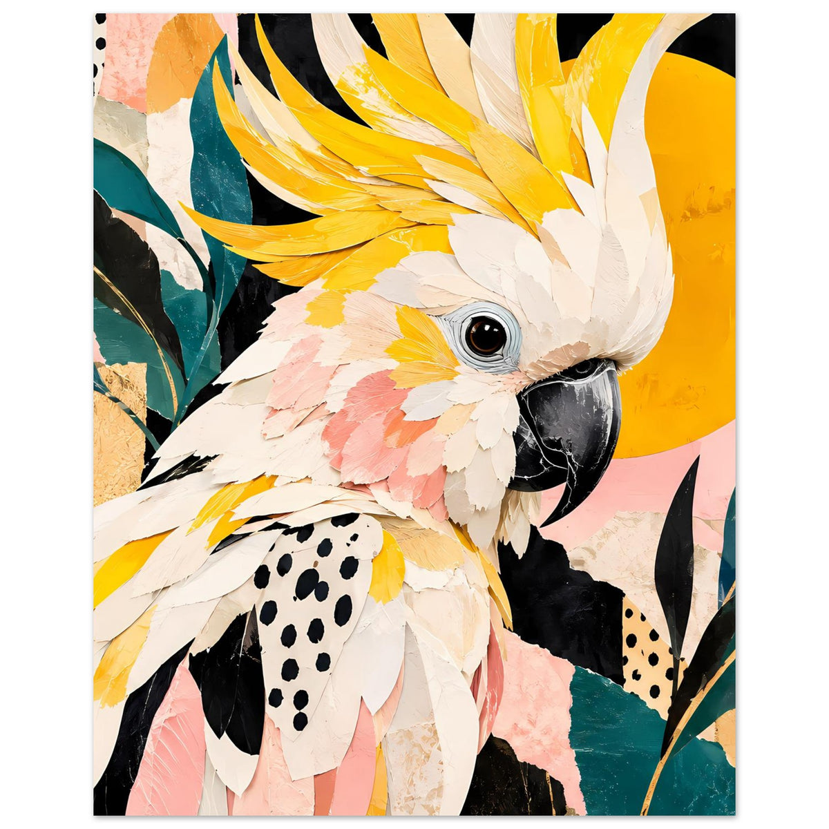 Vogelkunst-Poster mit Kakadu, weißes Federkleid mit gelben und rosafarbenen Highlights