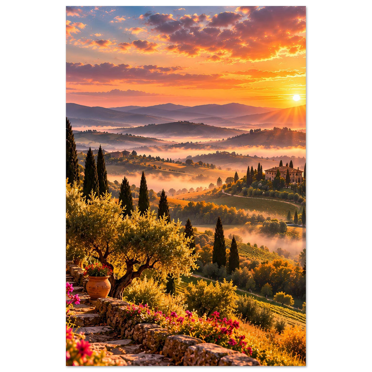 Hochformat-Posterdruck mit goldenem Sonnenuntergang, nebligen Tälern, Zypressen und Hügeln