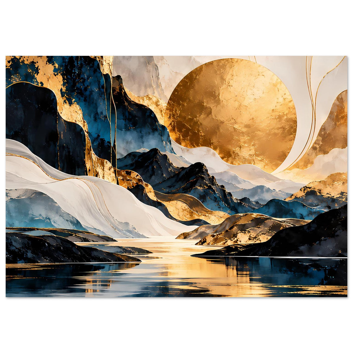 Abstraktes Poster mit Goldkreis, blauen Bergen, weißer Bucht und goldenen Reflexionen