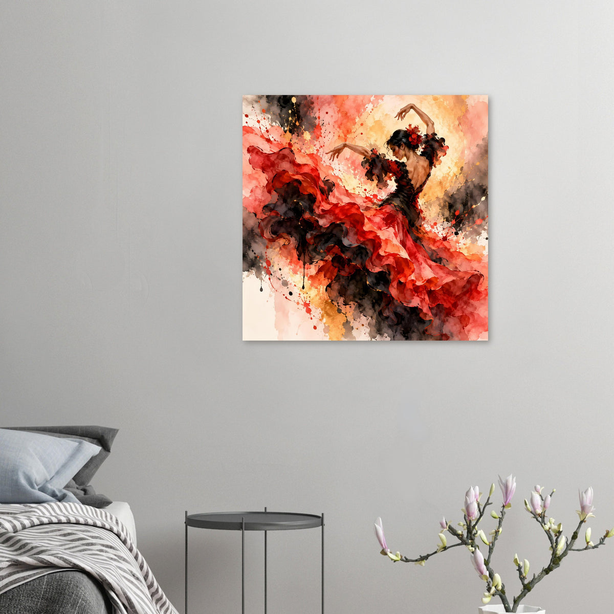 Kleines Tanzposter mit Flamenco-Tänzerin in rotem und schwarzem Kleid, wehender Rock