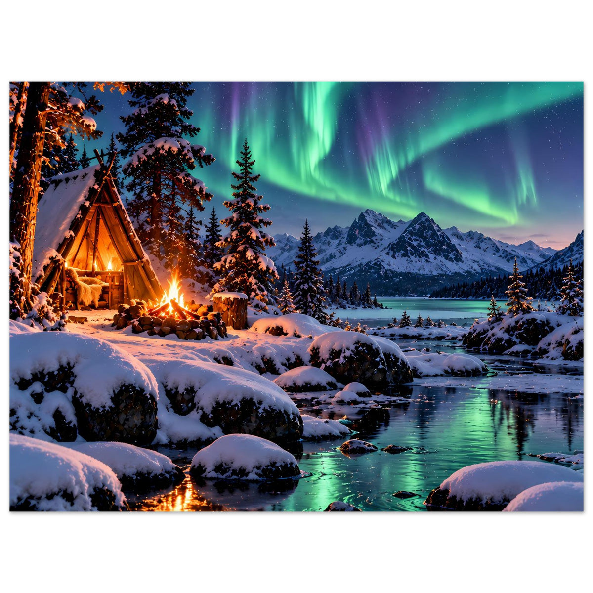 Winterlandschafts-Poster im Querformat: Zelt und Feuer am schneebedeckten Ufer, Polarlicht