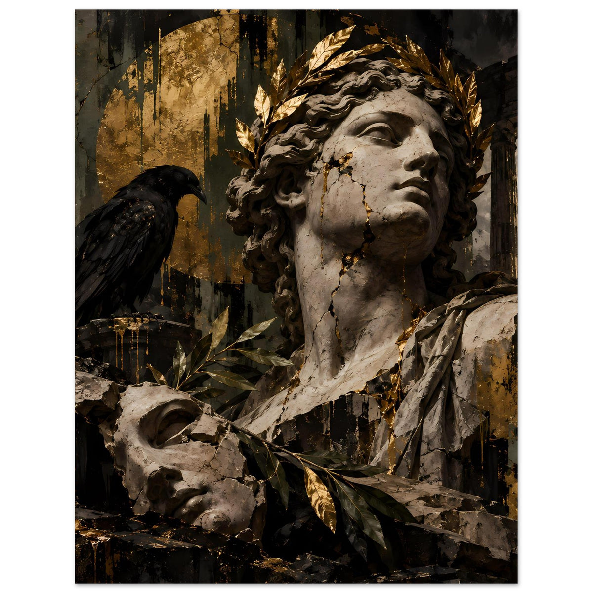 Barockes Poster mit Statue im Vordergrund, goldenen Akzenten und schwarzem Vogel