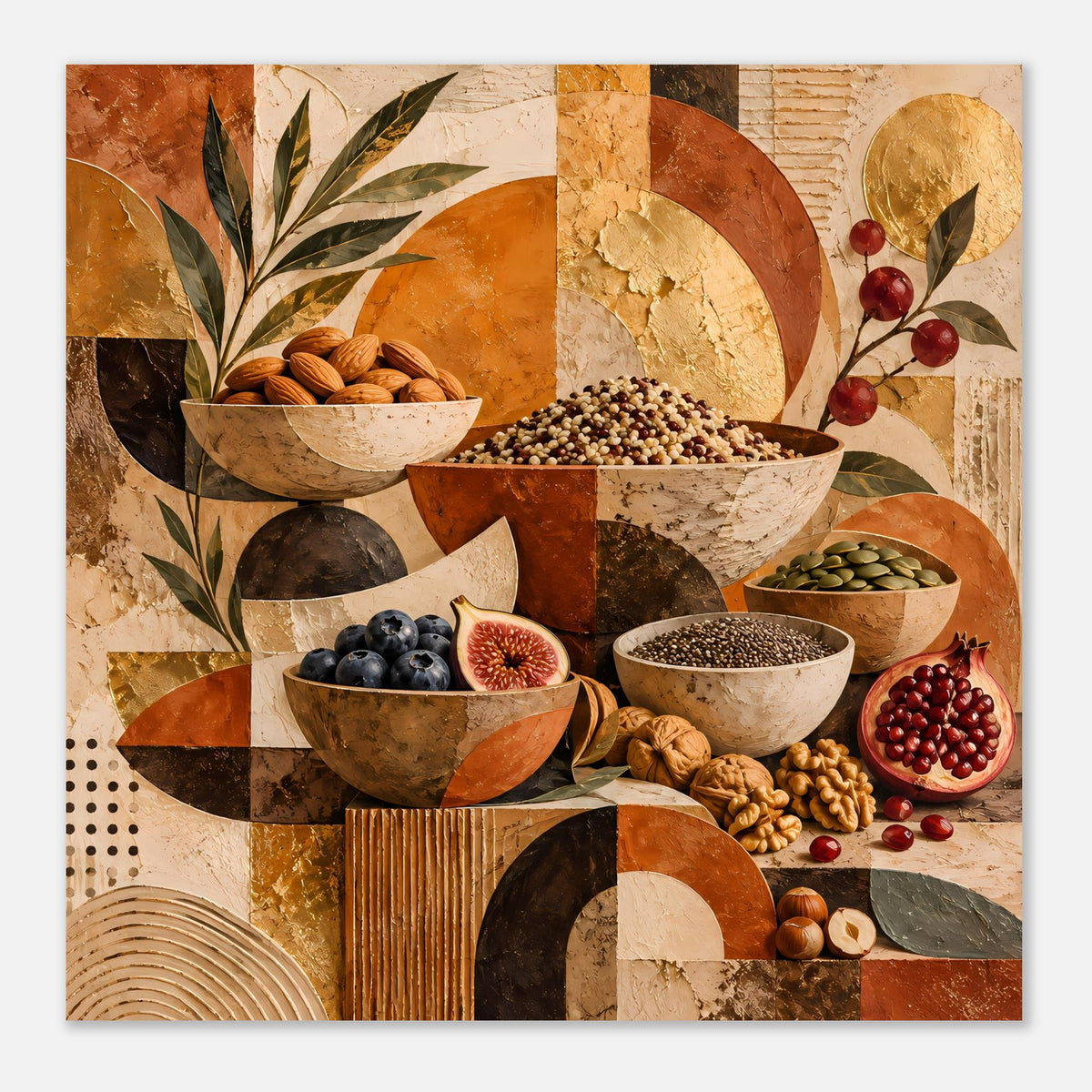 Wandposter mit rustikalem Schalenmotiv und roten Beeren, warmes geometrisches Design in Erdtönen.