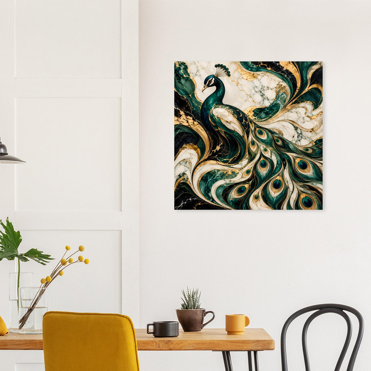 Wandposter mit Pfau aus Smaragdgrün und Gold, umgeben von marmorierten Creme-Tönen