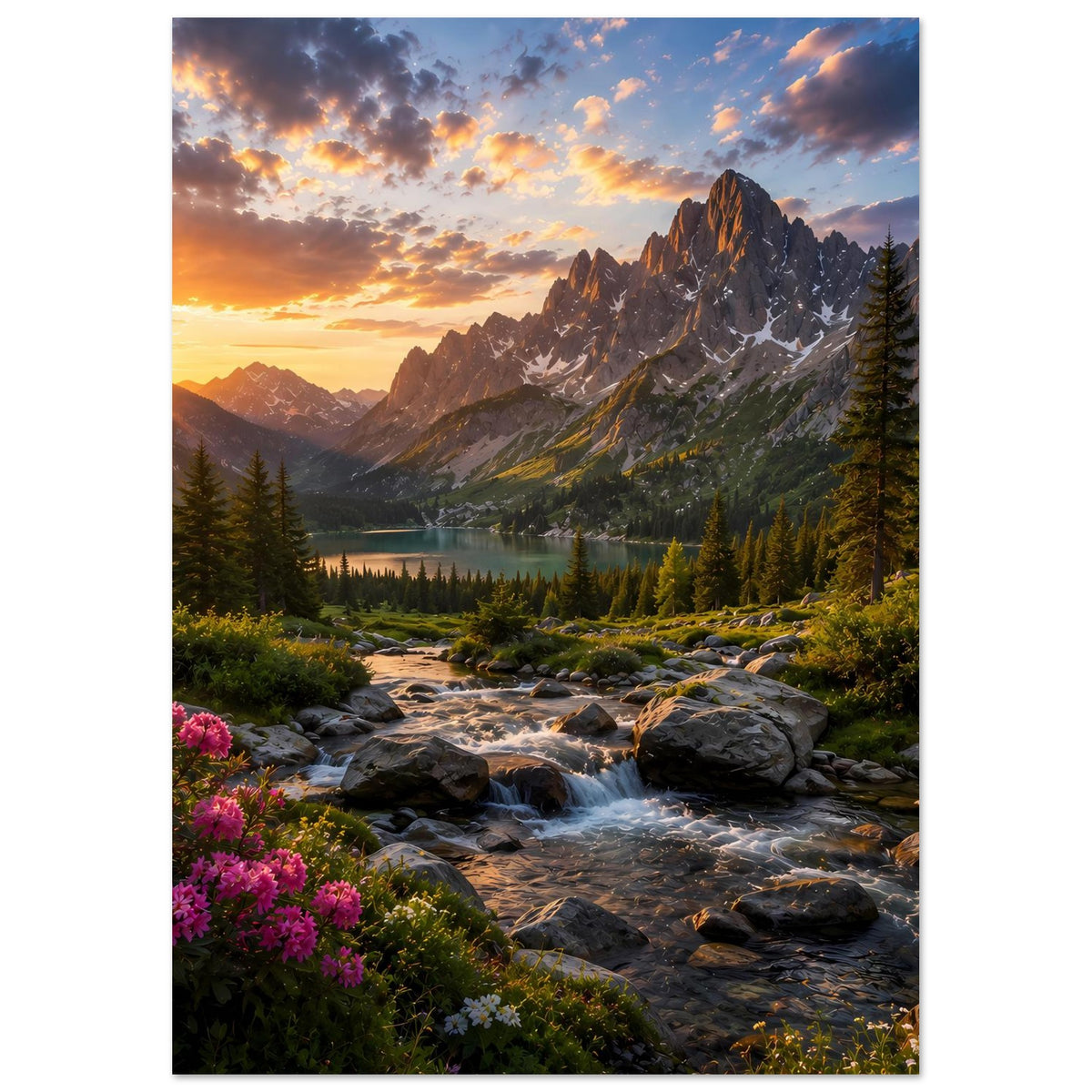 Poster mit Landschaft: Sonnenuntergang über Bergen, Bachlauf, Steine und Tannen