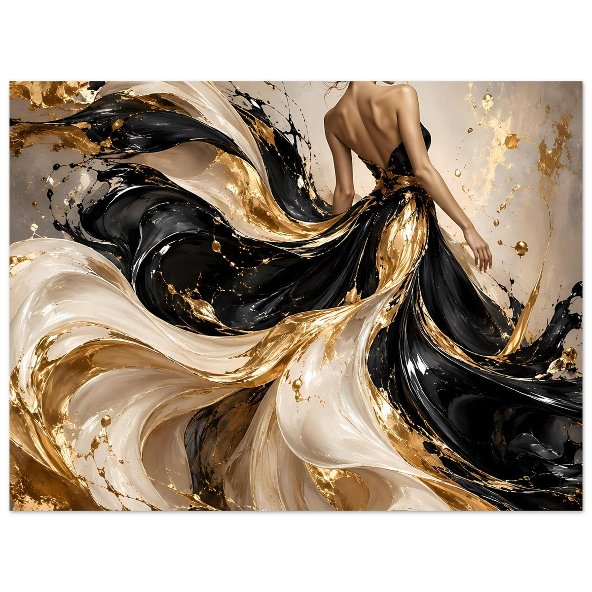 Kunstposter mit abstraktem Wirbelmotiv in Schwarz, Gold und Elfenbein; Frauenakt nach vorn