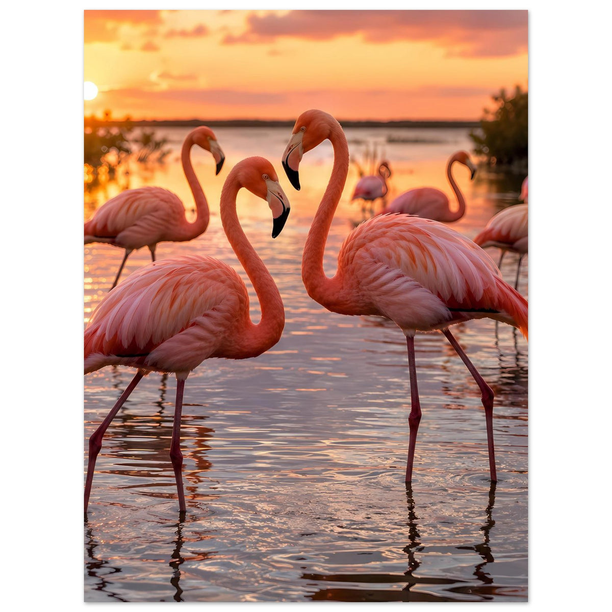 Flamingo-Poster mit mehreren rosafarbenen Flamingos am Ufer bei Sonnenuntergang