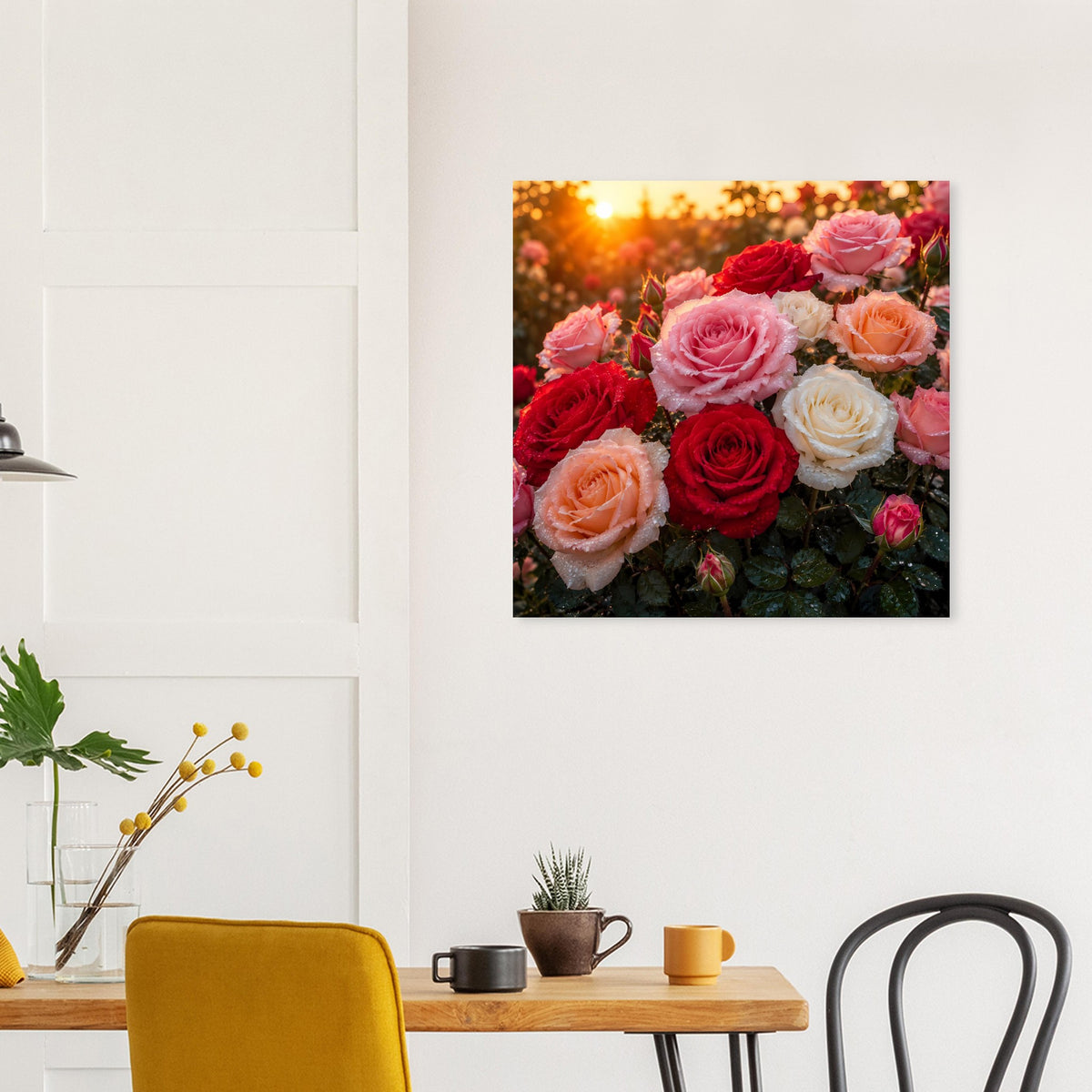 Quadratisches Poster mit Rosenstrauß in Rot, Rosa und Creme, schwarz gerahmt.