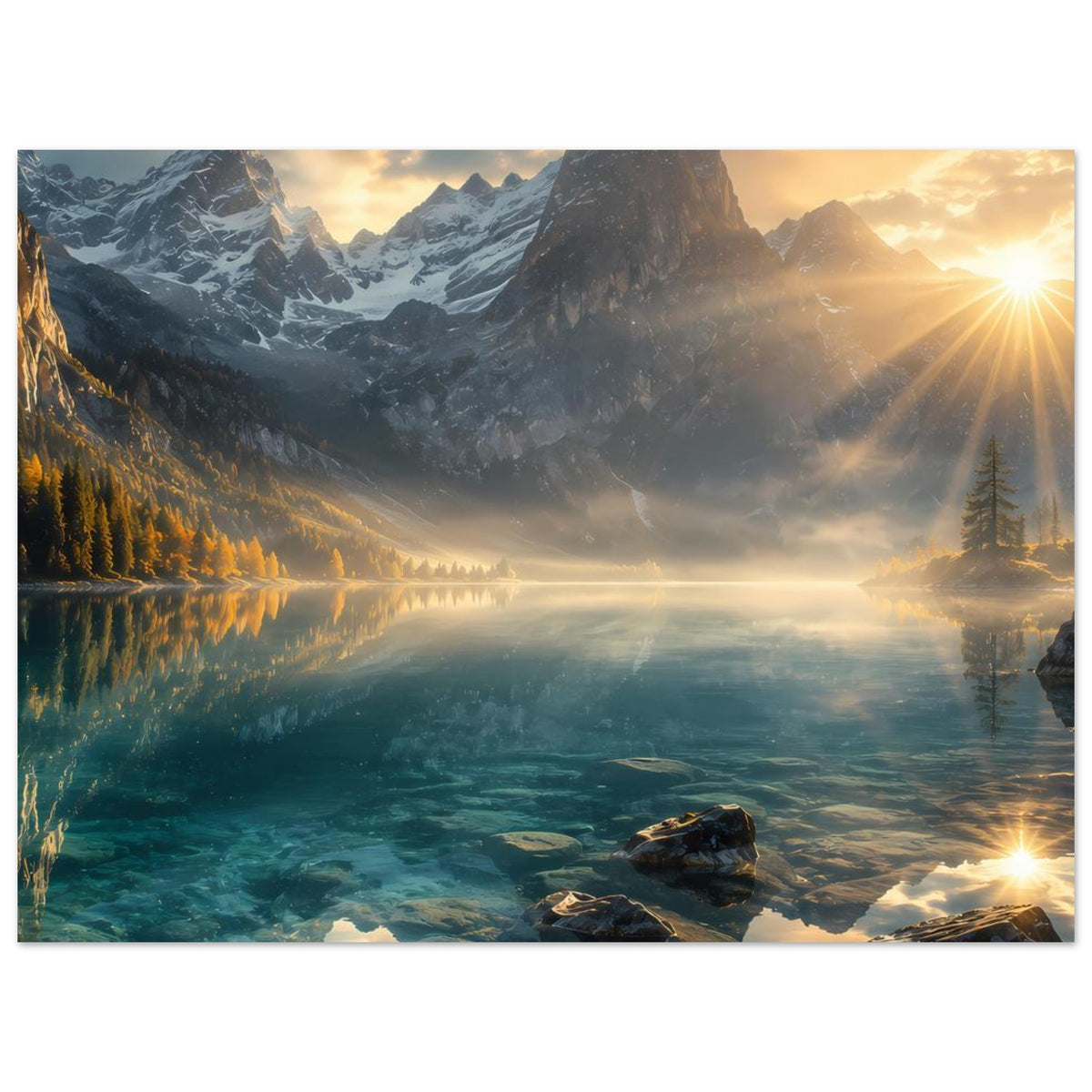 Horizontales Landschaftsposter mit Bergsee, Felsen, verschneiten Bergen und starken Sonnenstrahlen