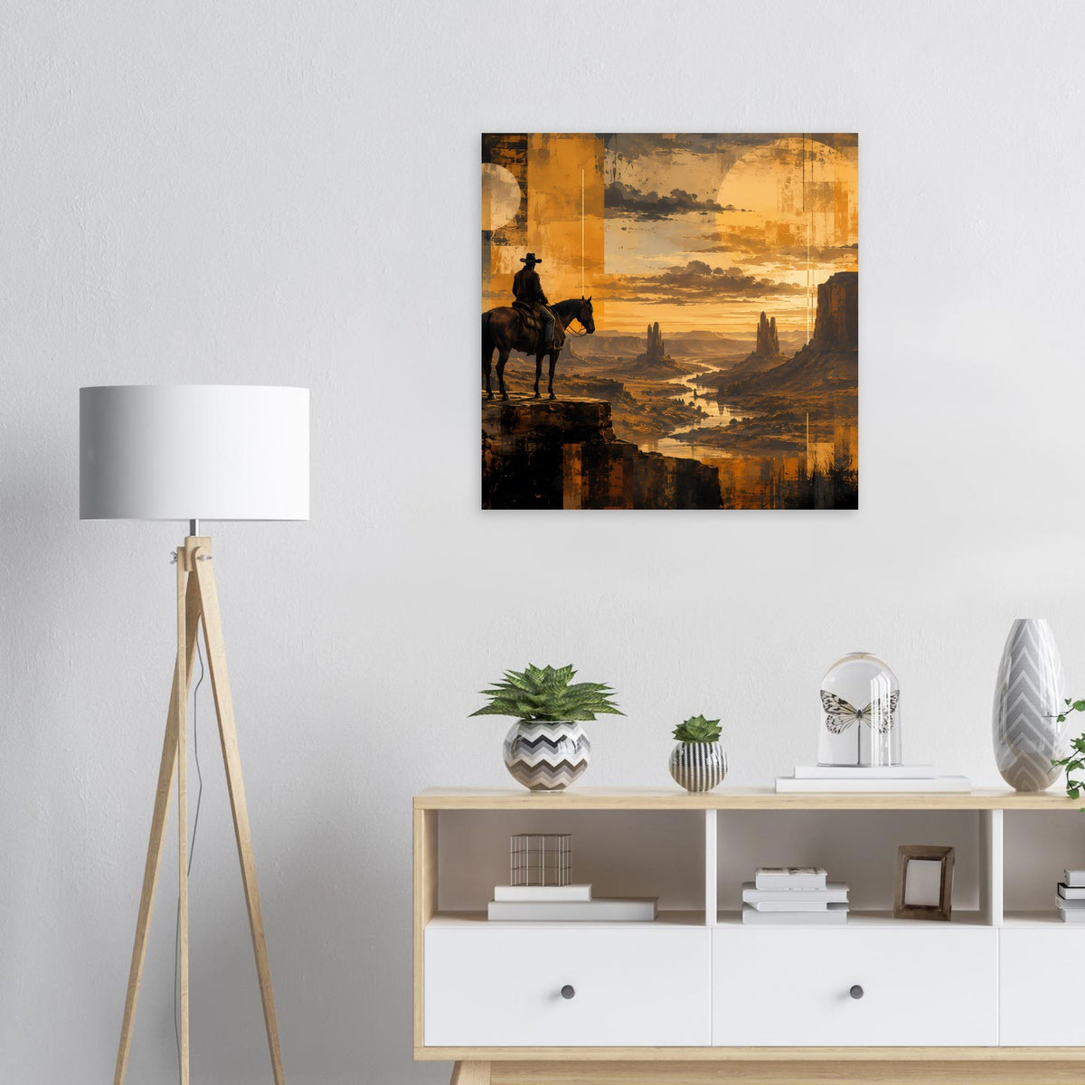 Western-Sunset-Poster mit Reiter-Silhouette auf Pferd, Sonnenuntergang, schwarzer Rahmen