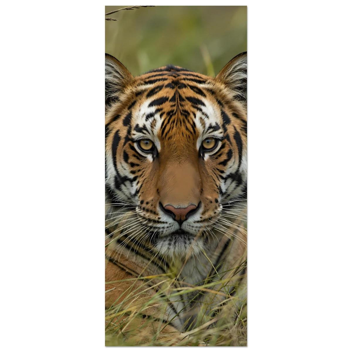 Wildtierposter: enger Bildausschnitt des Tigers im Gras, Fokus auf Augen und Schnauze