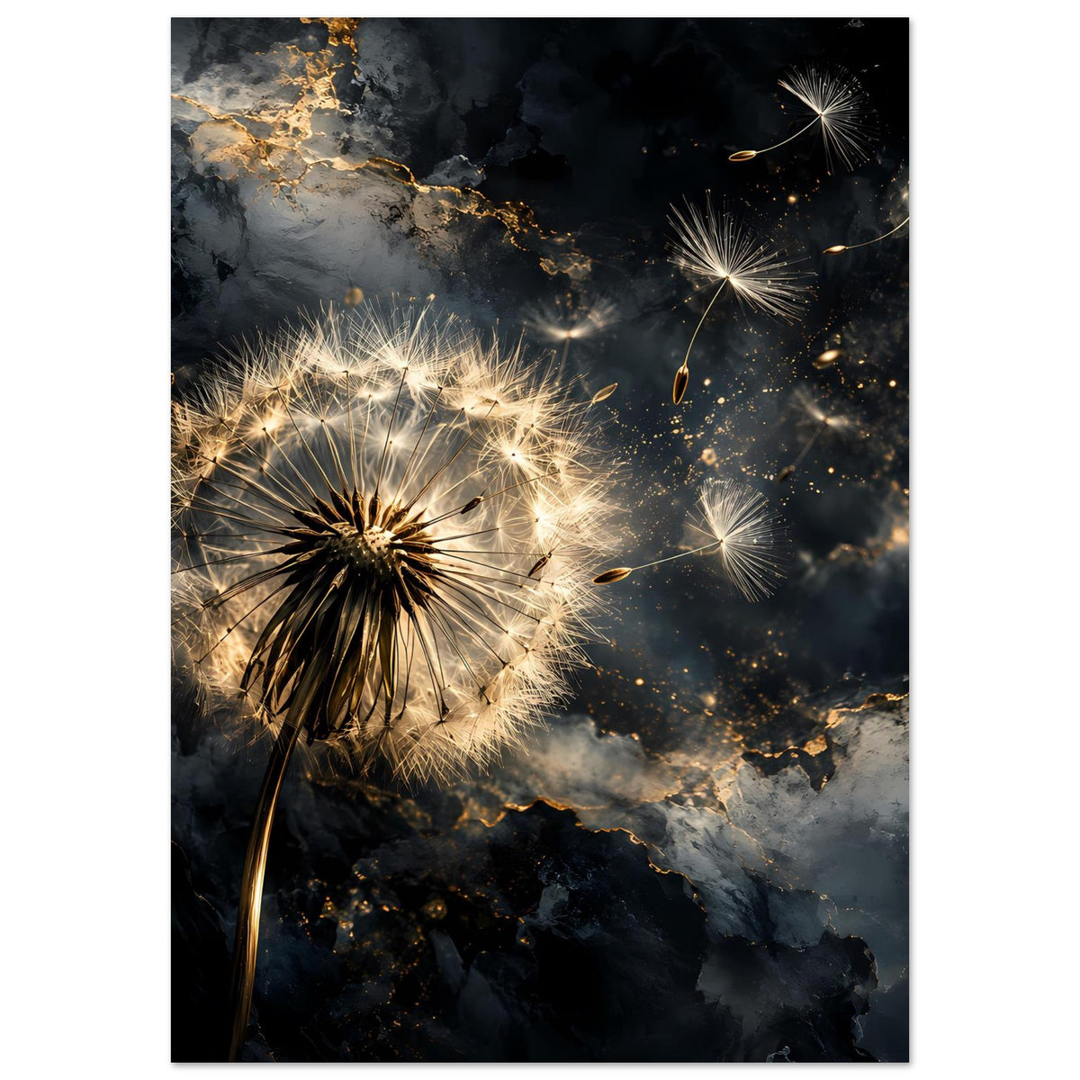 Nahes Mattes Poster mit Pusteblume, goldenem Leuchten und feinen Funken