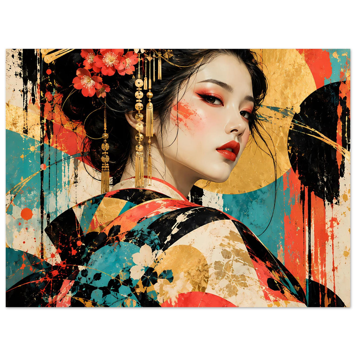 Kunstdruck mit Porträt einer Geisha, rotem Lippenstift, Blumen im Haar und gemusterten Schirm