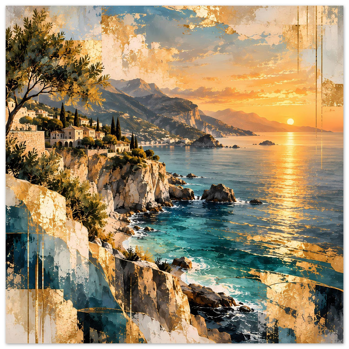 Posterkunst im Querformat: Küste mit Sonnenuntergang, Felsklippen, türkises Meer und Küstengebäude.
