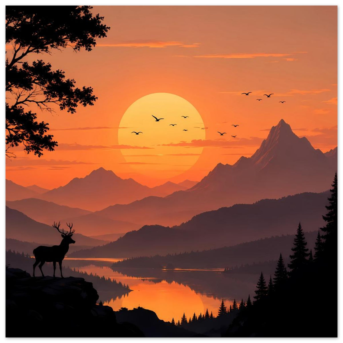 Poster mit Sonnenuntergang über Bergen, Hirsch am Ufer, Spiegelung im See und Vogelschwarm.