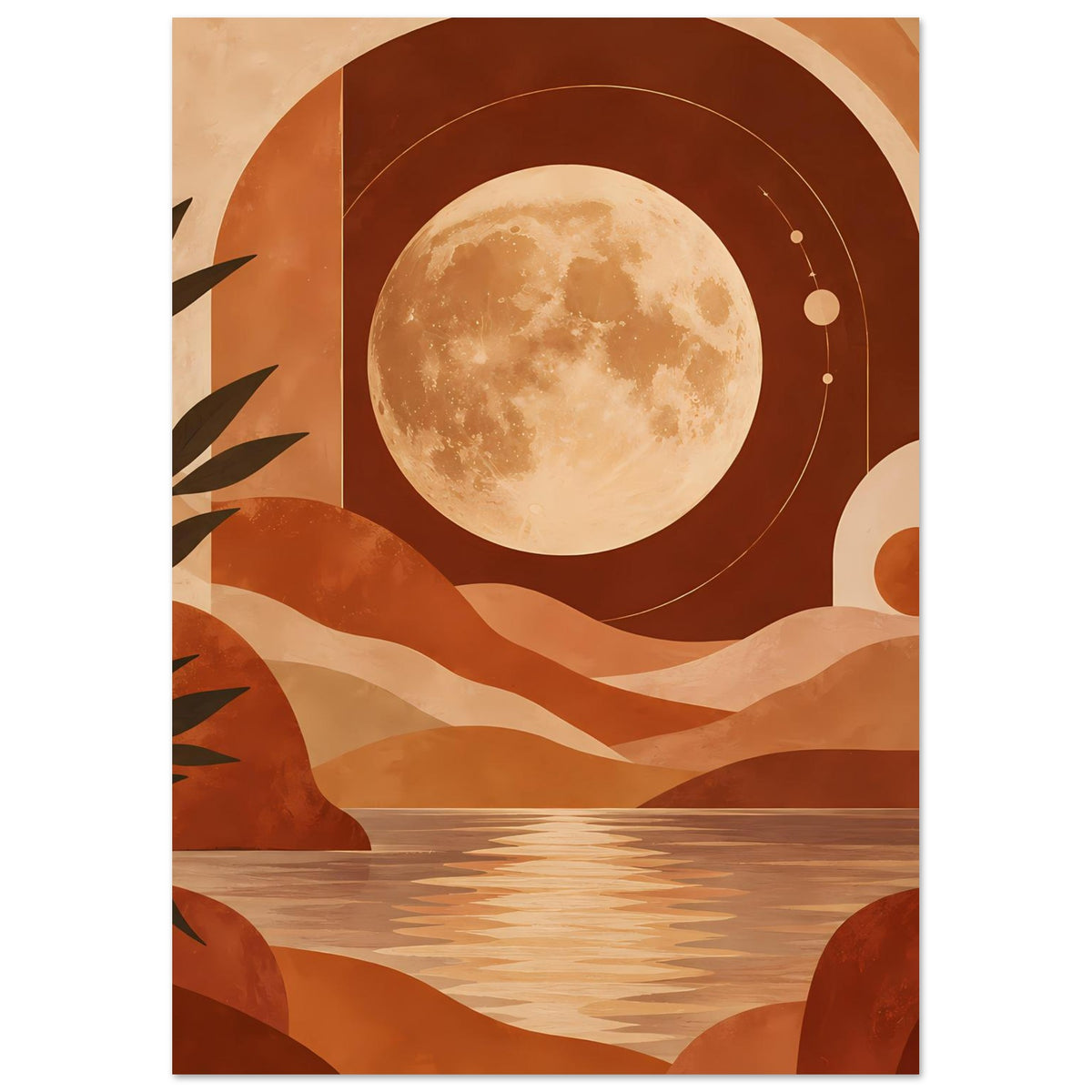 Boho-Poster im Hochformat mit Vollmond, Kreislinien und Oasenlandschaft mit Palmblättern