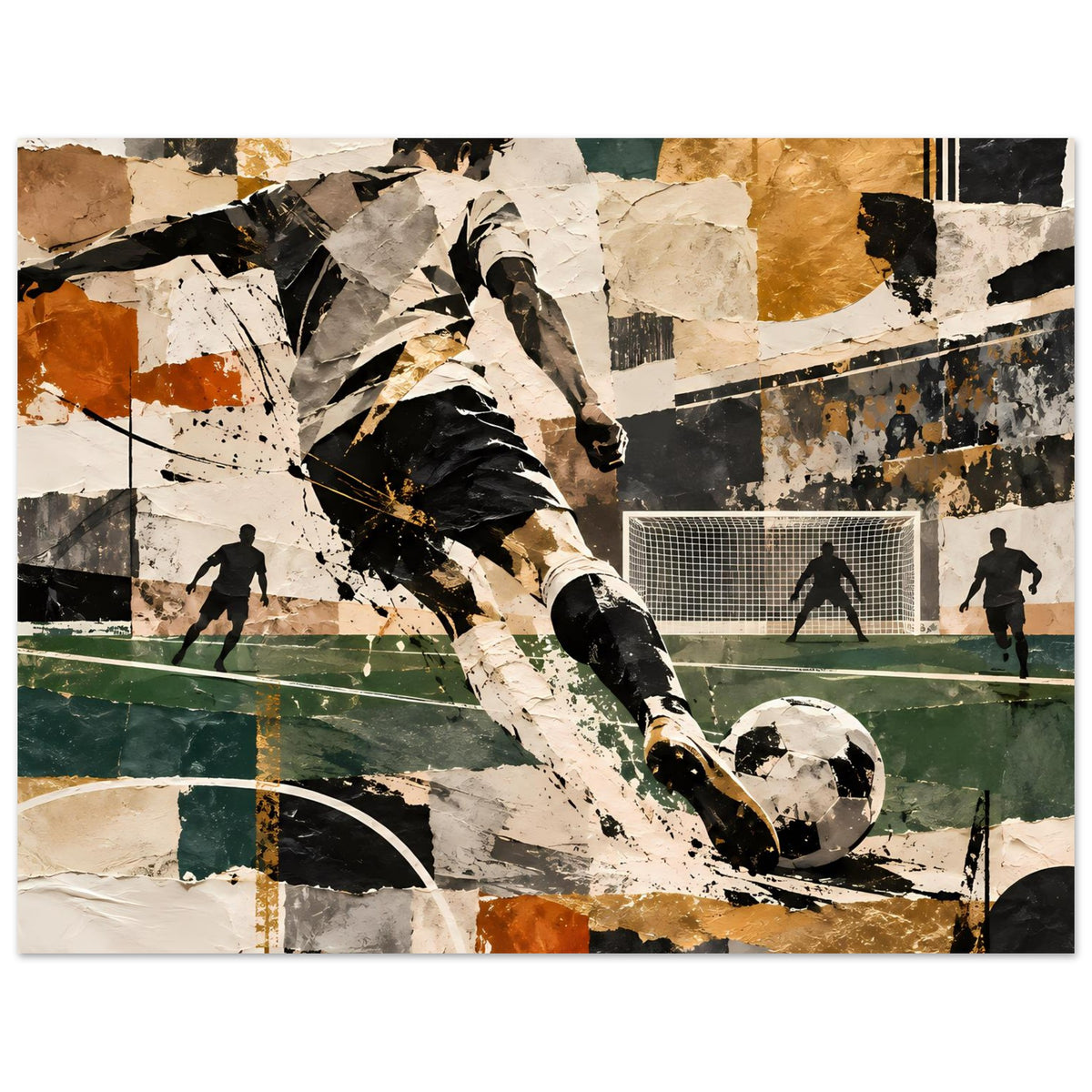 Fußball-Action-Kunstposter quer: Spieler am Ball, Tor im Hintergrund, abstrakte Collage mit Farbblöcken