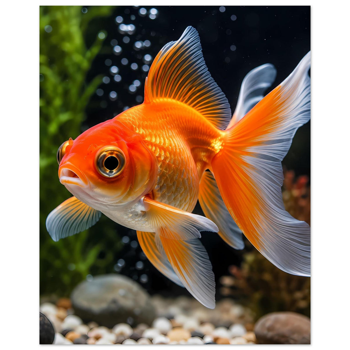 Goldfisch-Porträt als Poster auf mattem Papier, orangefarbener Fisch mit weißen Flossen