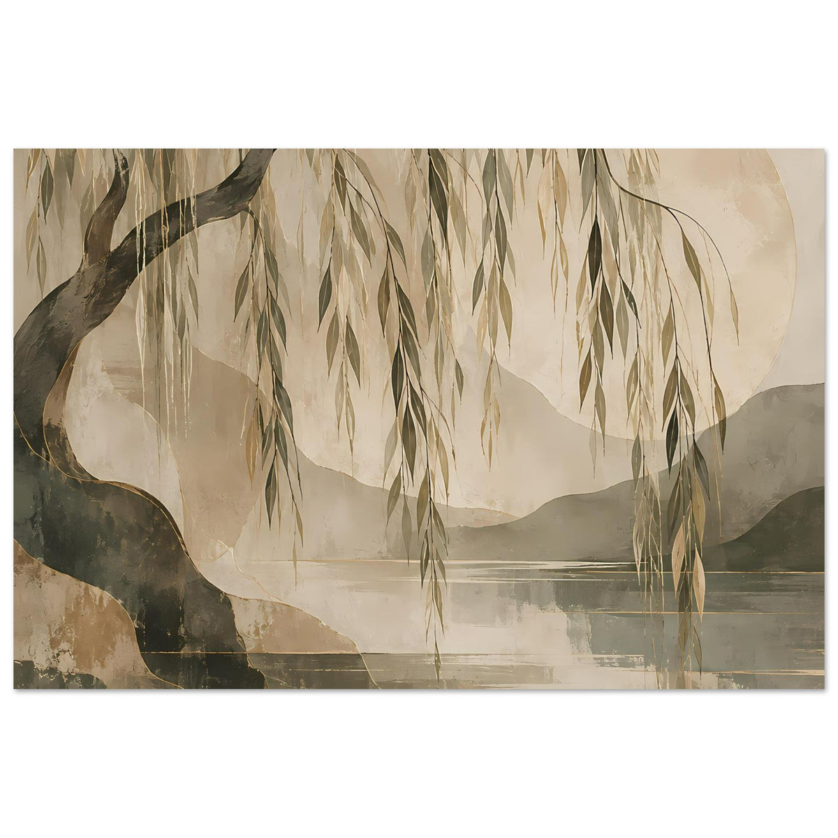 Wandposter mit Weidenzweigen über Seeufer, abstrakte Hügel in Graubraun, horizontal