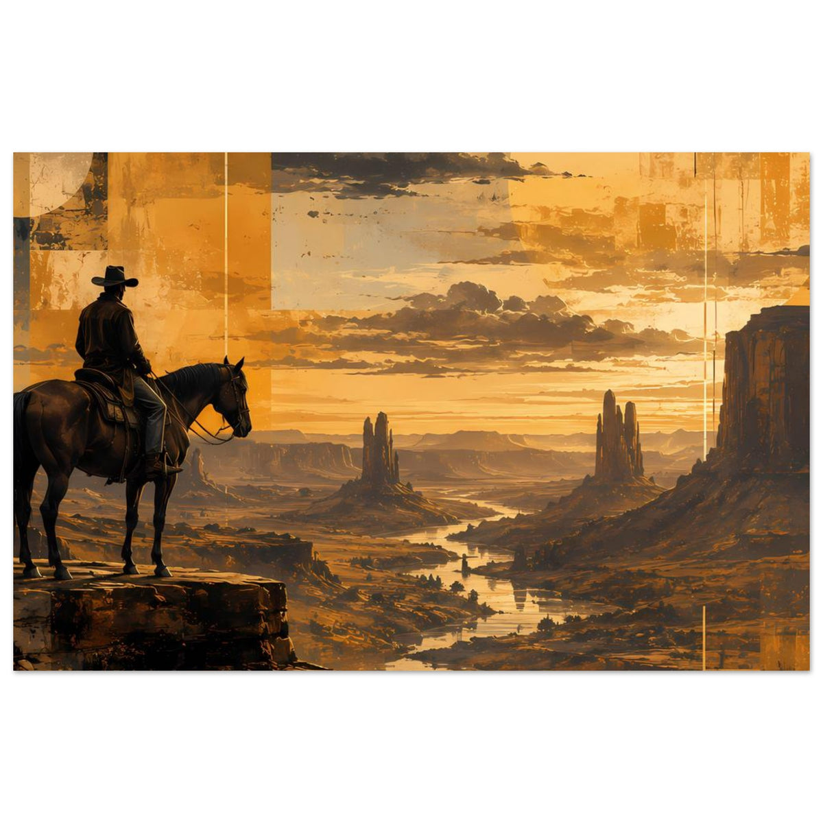 Wandposter im Querformat: Cowboy auf Pferd am Felsrand, Sonnenuntergang in Goldtönen