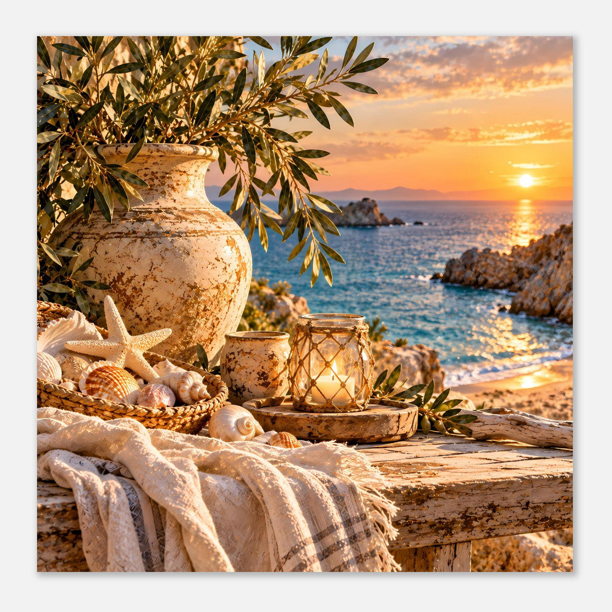 Küstenstillleben-Print: Vase mit Olivenzweigen, Muscheln und Laterne am Meer bei Abendsonne.
