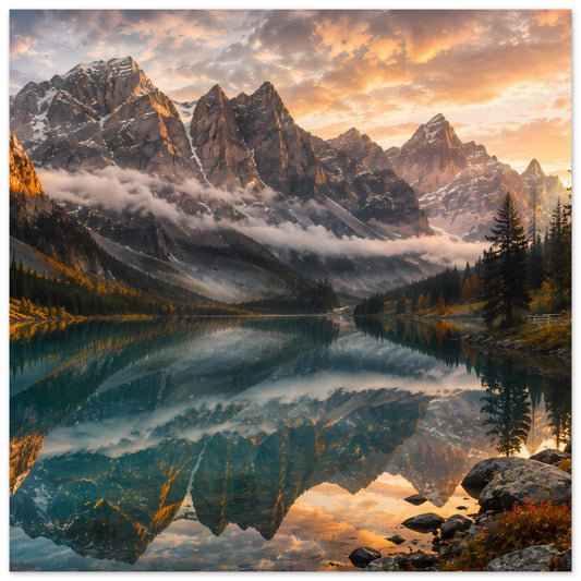 Poster mit Bergsee und spiegelnder Reflektion, Bergkette bei warmem Sonnenuntergang