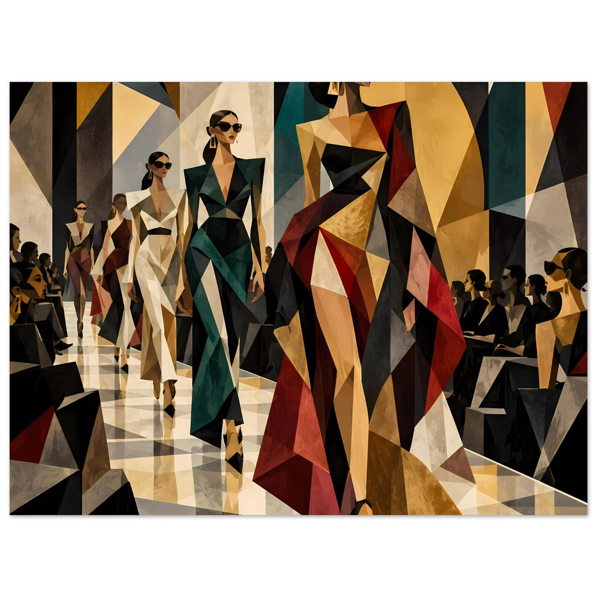 Fashion-Poster, breit: geometrische Fashion-Szene mit mehreren Models