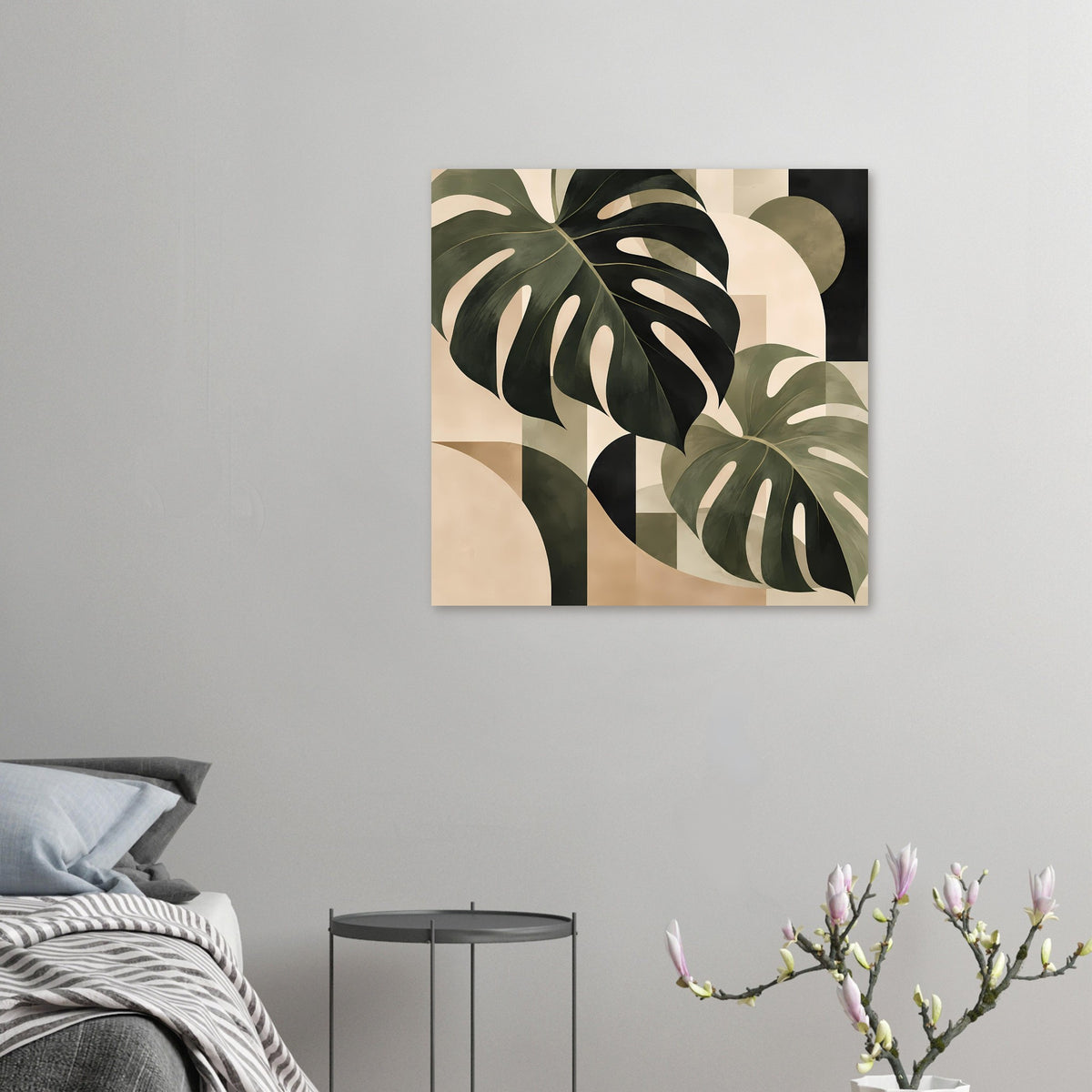 Abstraktes Monstera-Blätter-Poster, quadratisch, grünes und beiges Blattmotiv