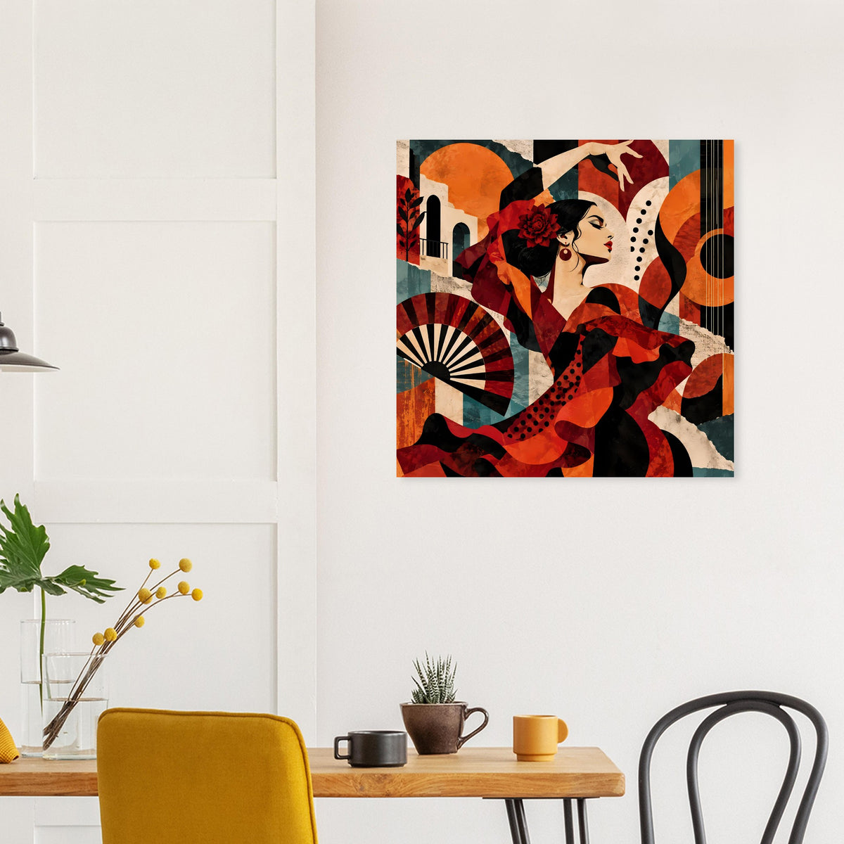 Flamenco-Tanzposter mit Tänzerin im Profil, rote Kreise und schwarze Elemente