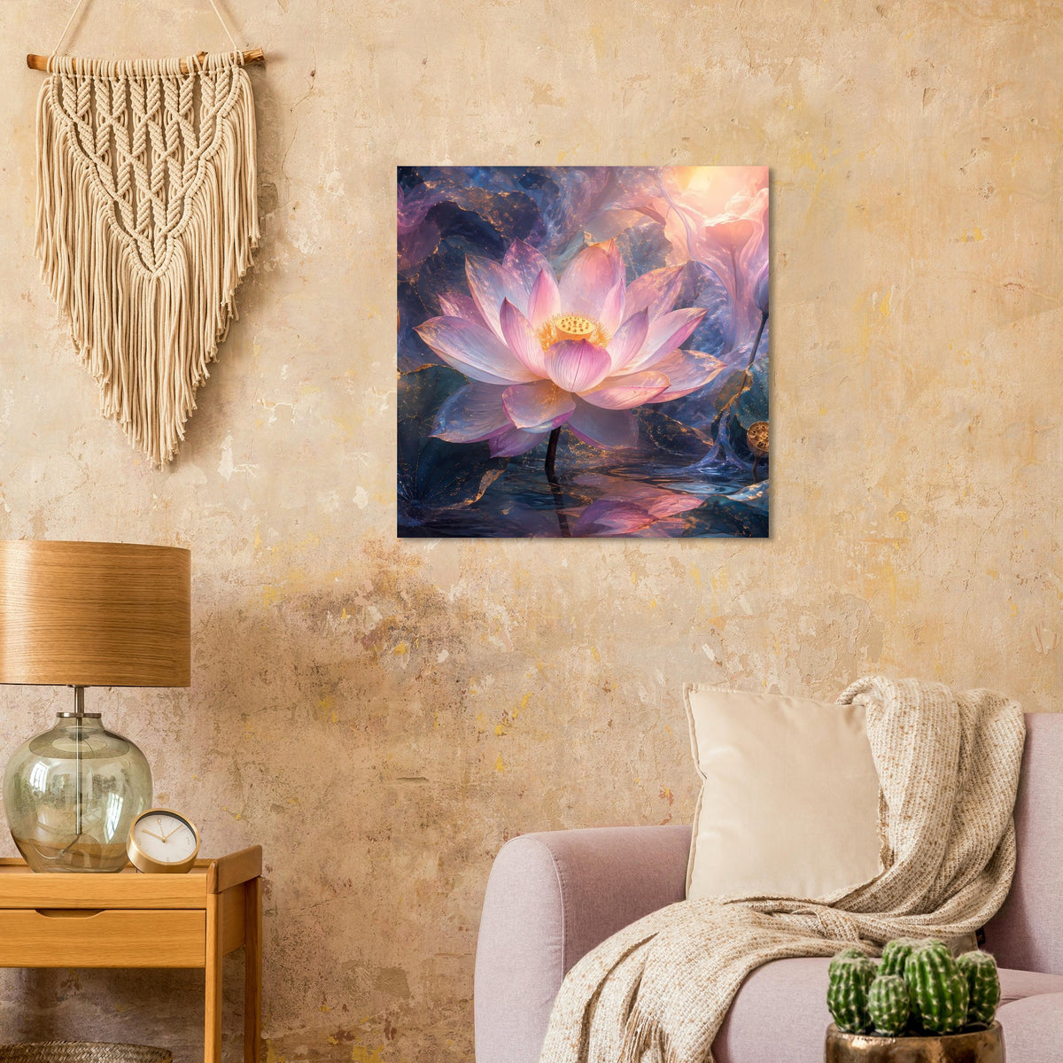 Quadratisches Kunstposter: Lotusblüte mit Pastellrosa- und Blauschimmer