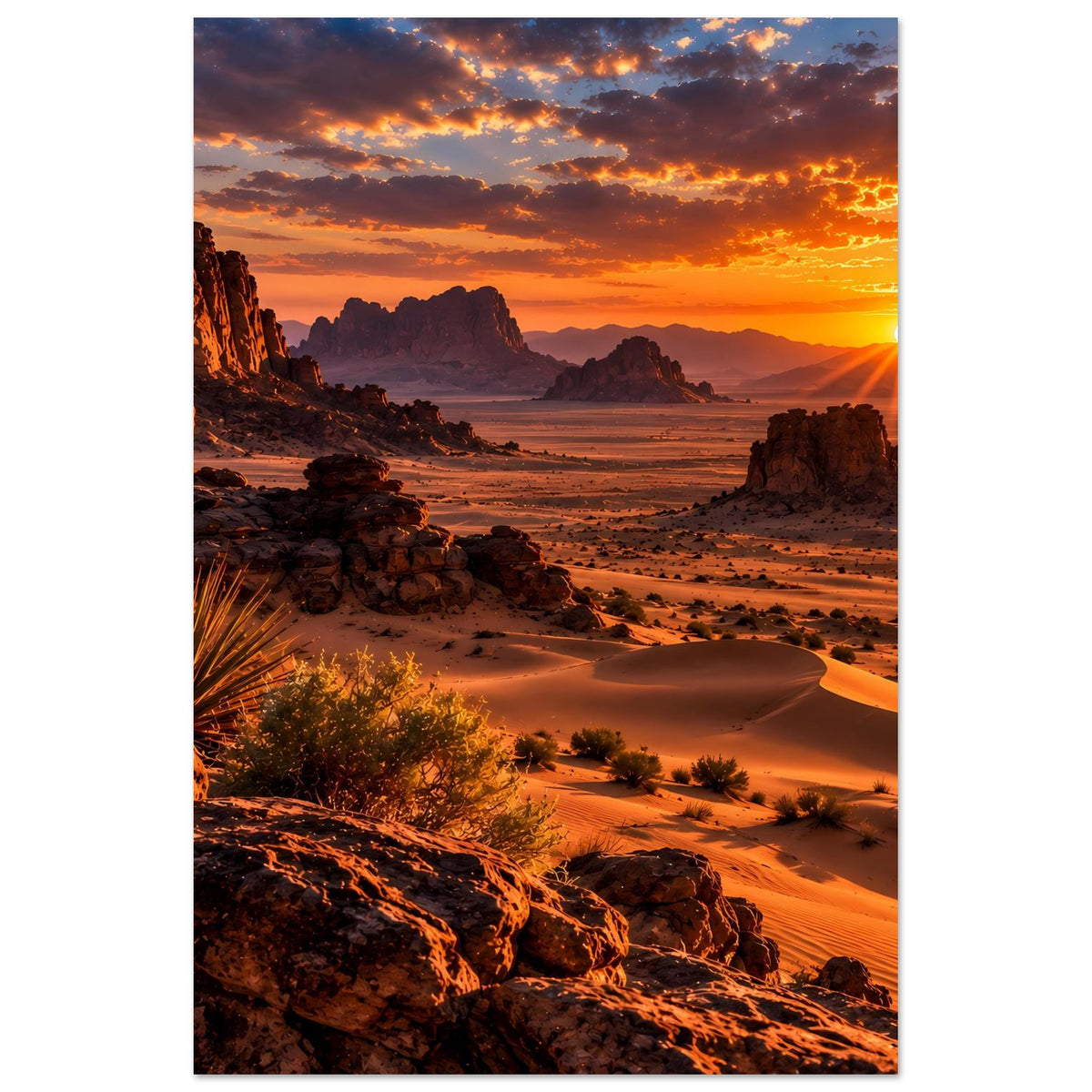 Vertikales Poster mit Wüstenlandschaft bei Sonnenuntergang, Dünen, Steine und tief stehender Sonne.