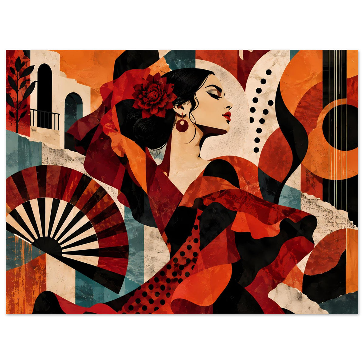 Tanzposter mit Flamenco-Tänzerin im Profil, Fächer, rote Blüten im Haar, Rot/Schwarz.