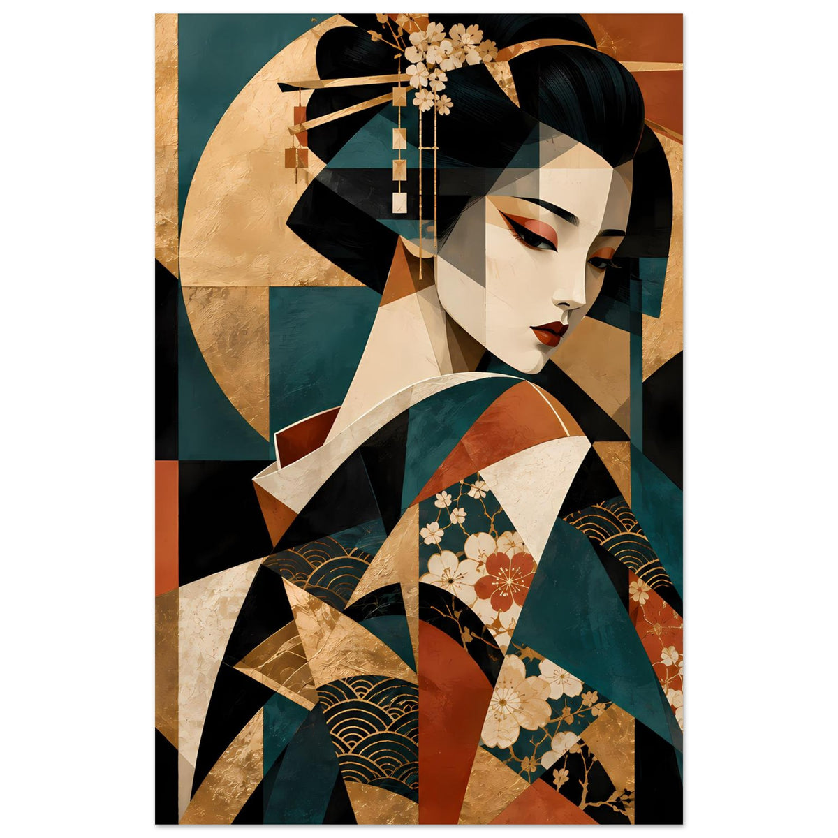 Geisha-Kunstposter, vertikal: Geisha im Profil mit Blumenhaarschmuck in Gold- und Rottönen