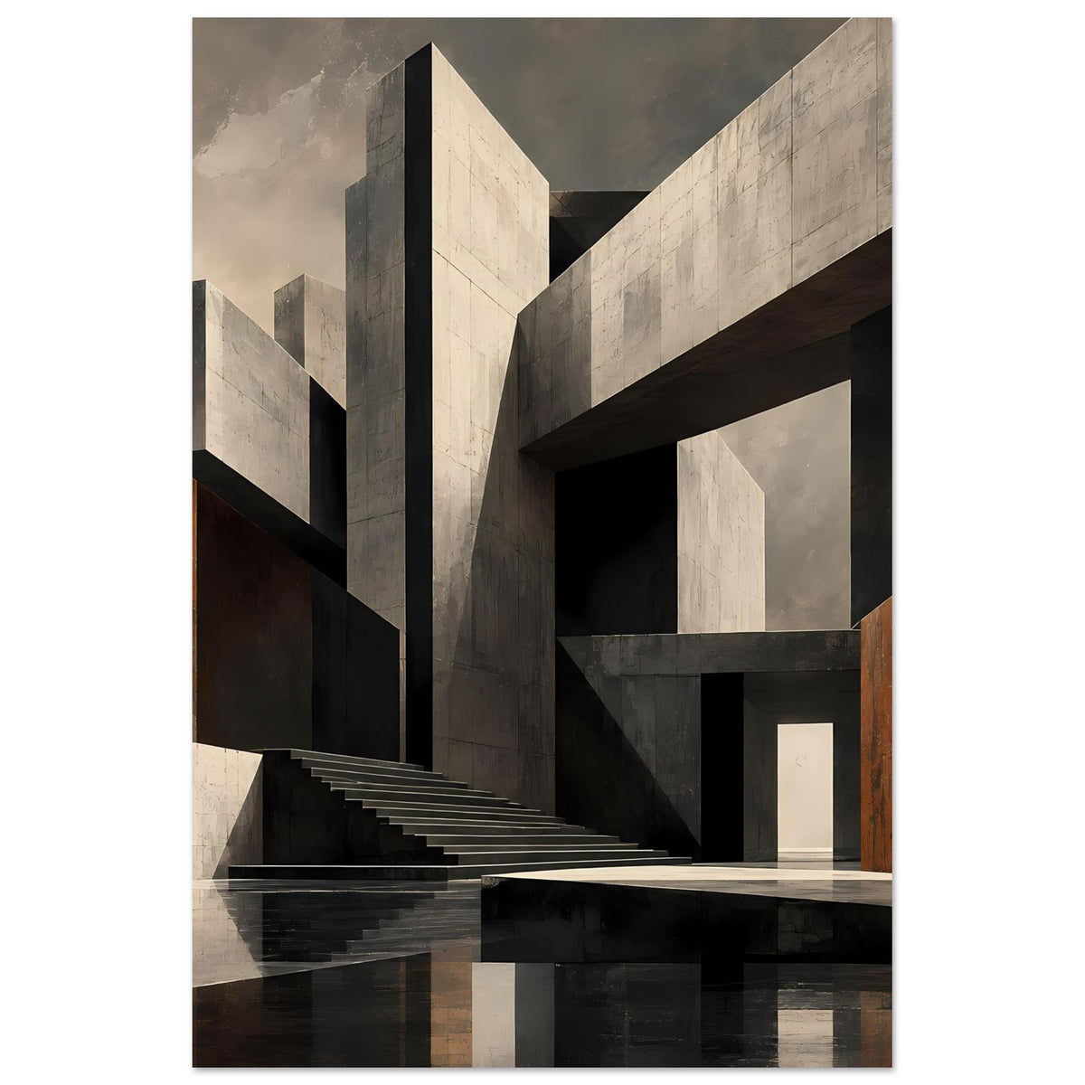 Architektur-Poster mit Treppen und geometrischen Betonwänden in Beige, Grau und Dunkelbraun