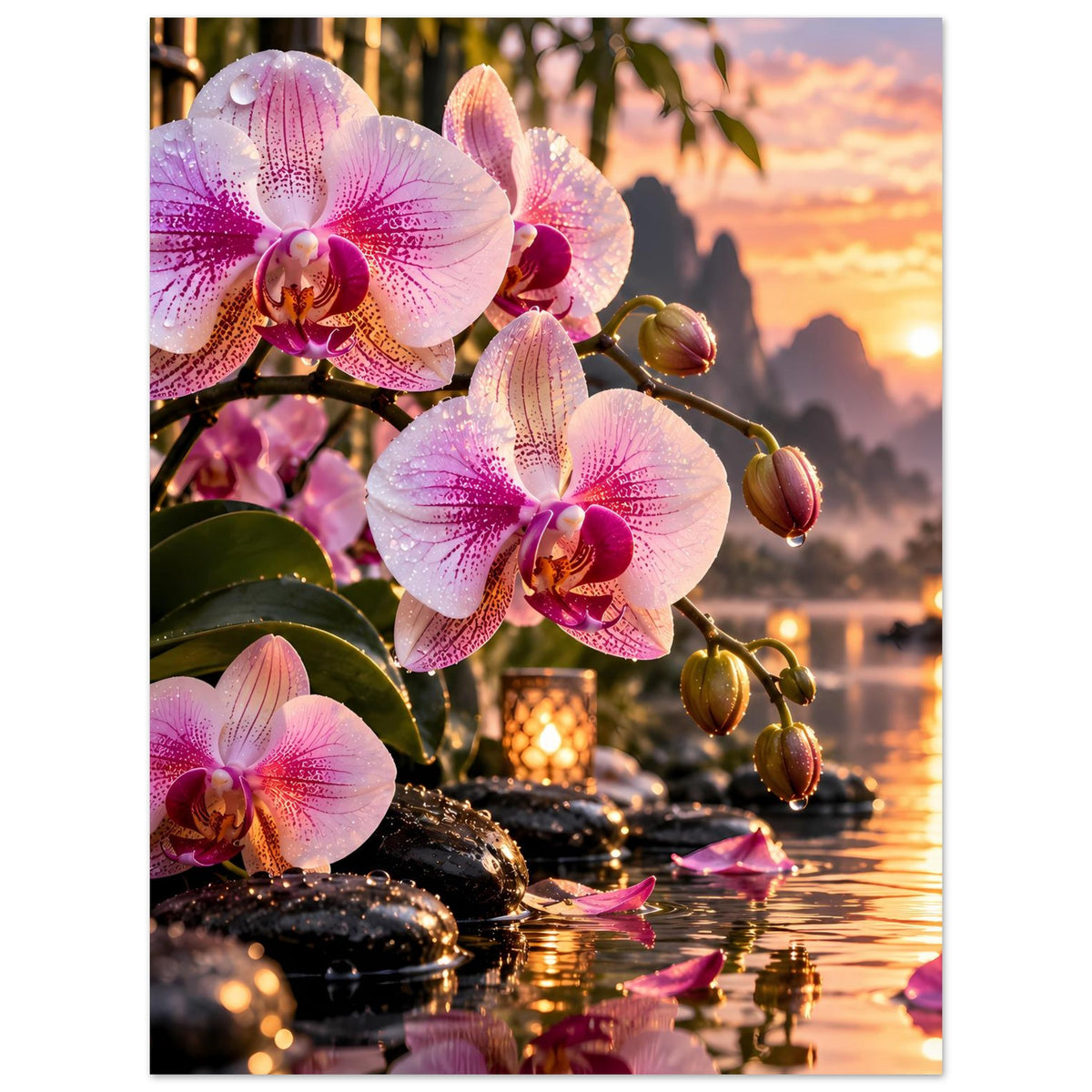 Poster mit rosa Orchideen an goldfarbenem Ufer, Kerzen, Spiegelungen im ruhigen See