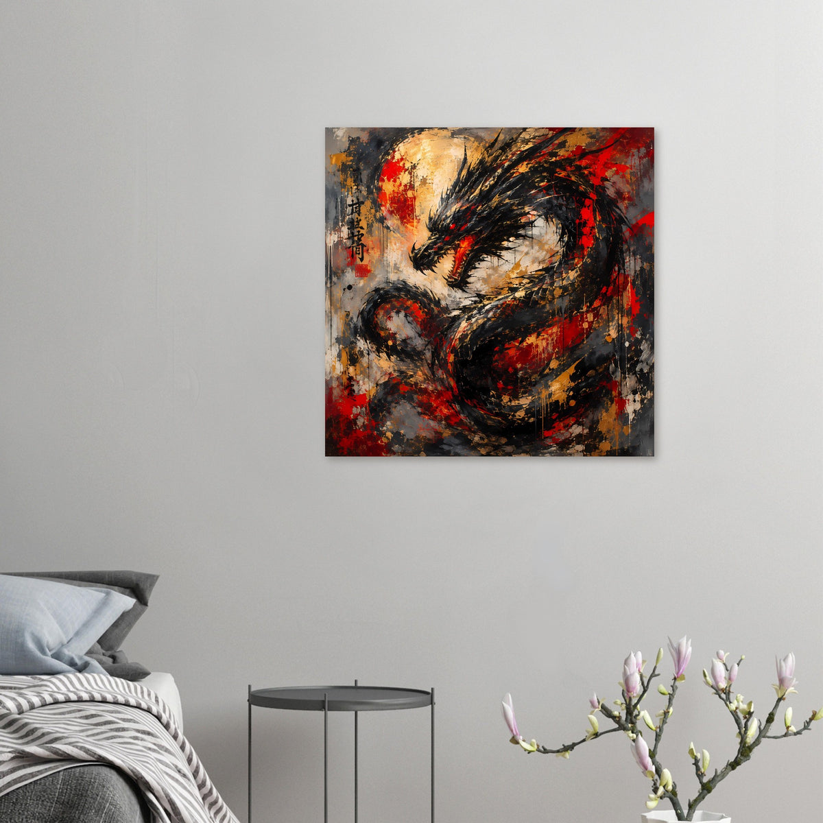 Abstraktes Drachenkunst-Poster mit schwarzen Linien: rote und goldene Spritzer, grungiger Look