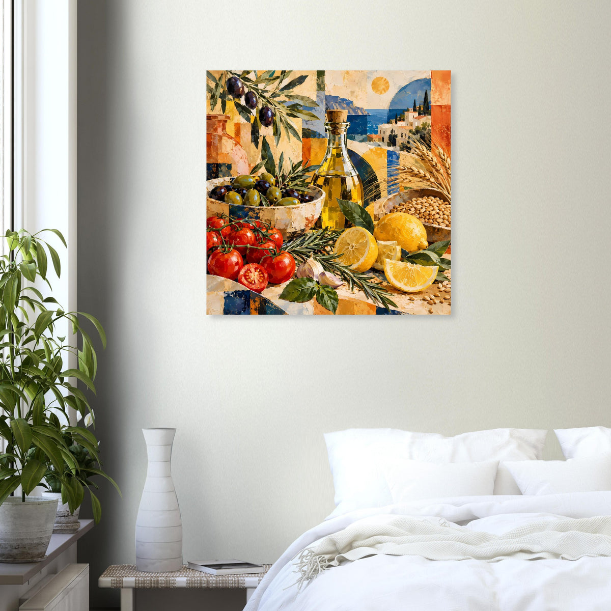 Wandposter mit mediterranem Stillleben: Flasche, Oliven, Tomaten, Zitronen und Meer.