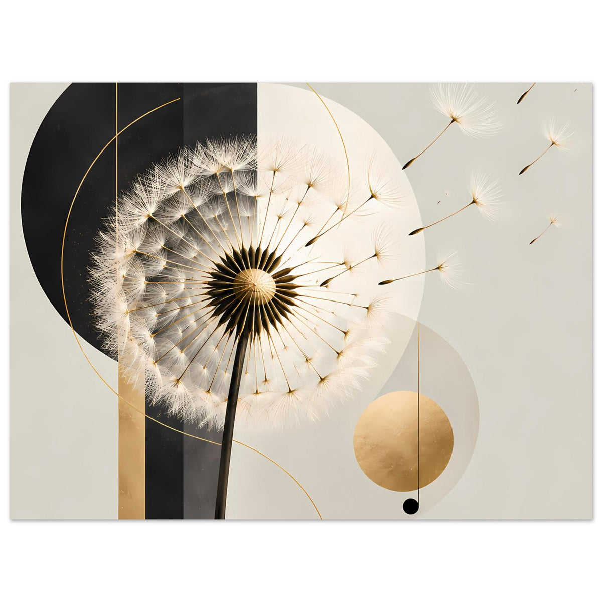 Poster mit Pusteblumen-Motiv, goldene Linien und abstrakte Kreise, horizontales Format