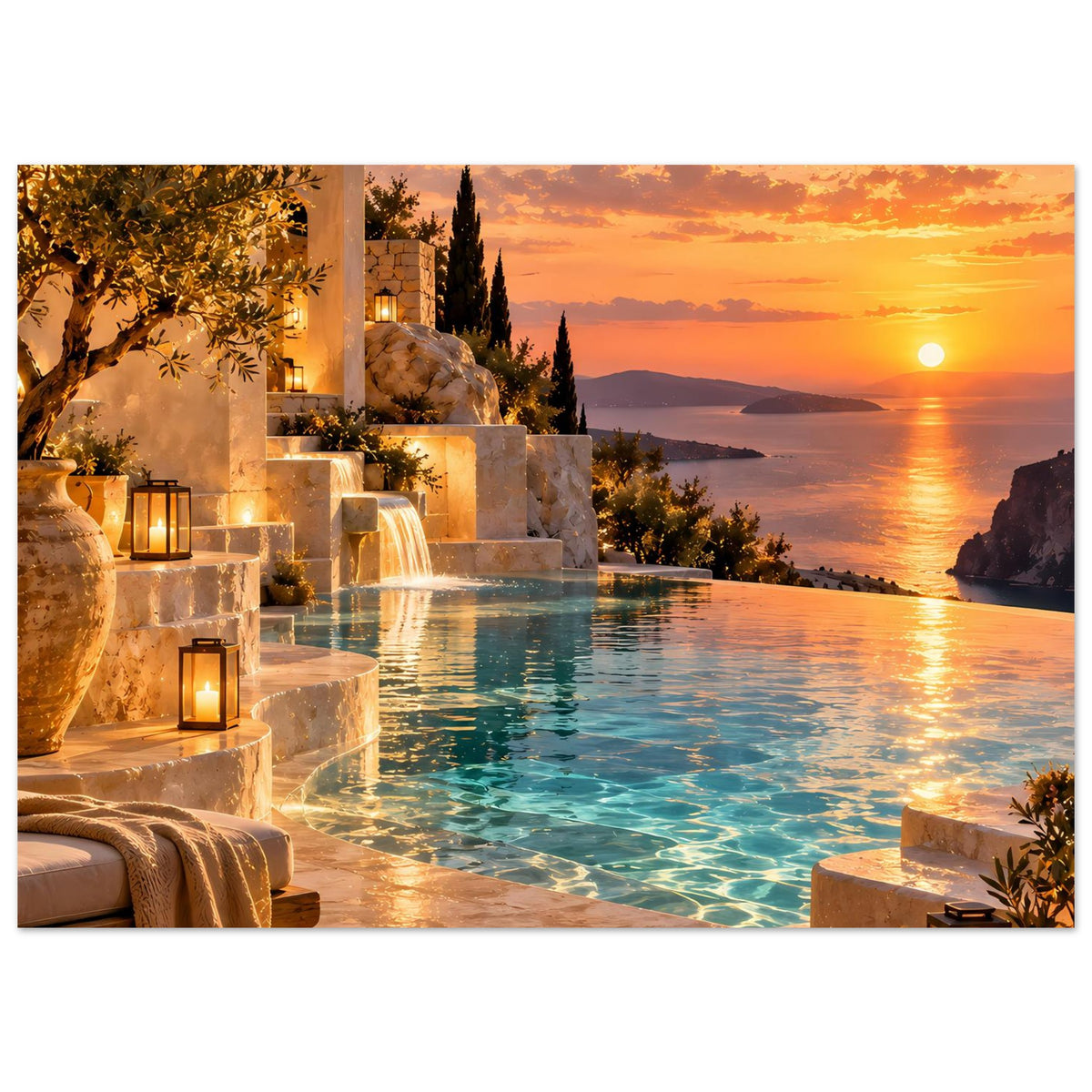 Querformatiges Landschaftsposter mit türkisfarbenem Wasser, Springbrunnen und Sonnenuntergang auf See