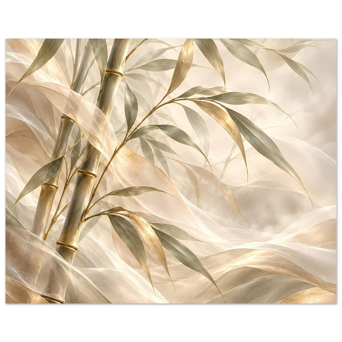 Bambus-Poster (horizontal) mit goldenen Stangen und grünen Blättern auf elfenbeinfarbener Fläche.
