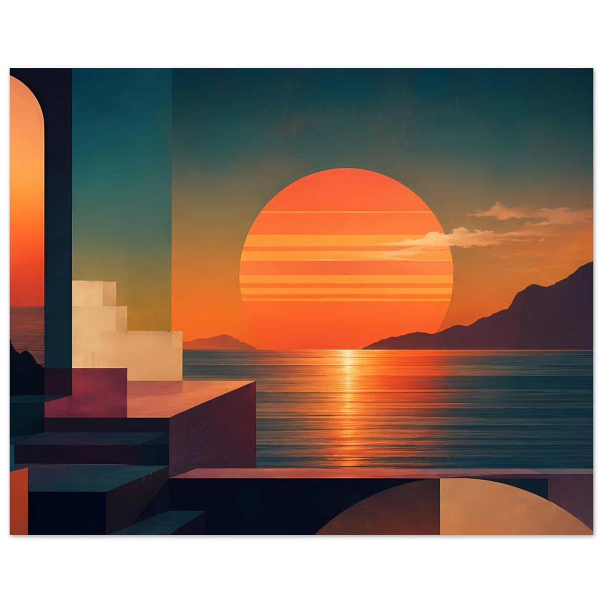 Kunstposter (quer) mit orangefarbener Sonne, Wasserfläche und modernen Blockformen links