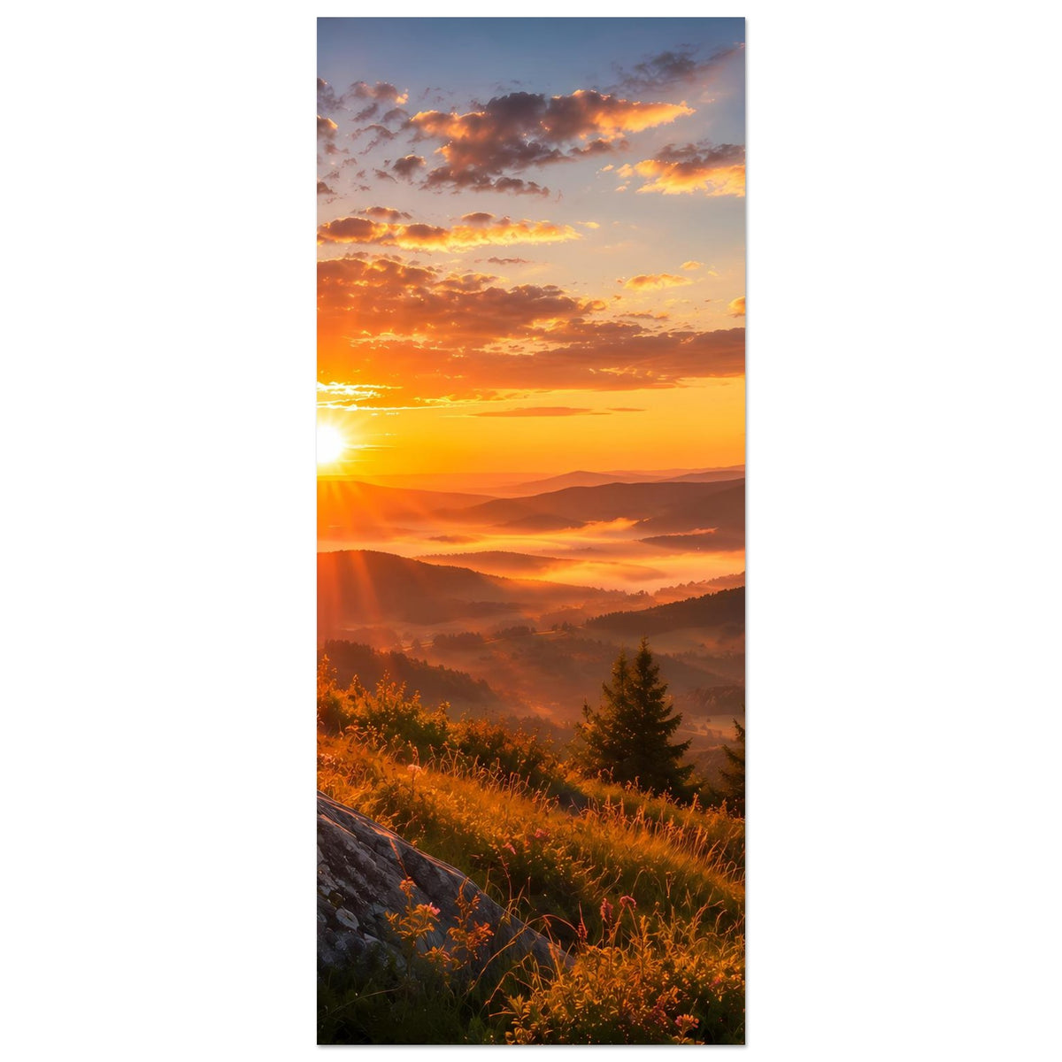 Vertikales Landschaftsposter mit Sonnenaufgang, Nebel über Tälern und Wiesen