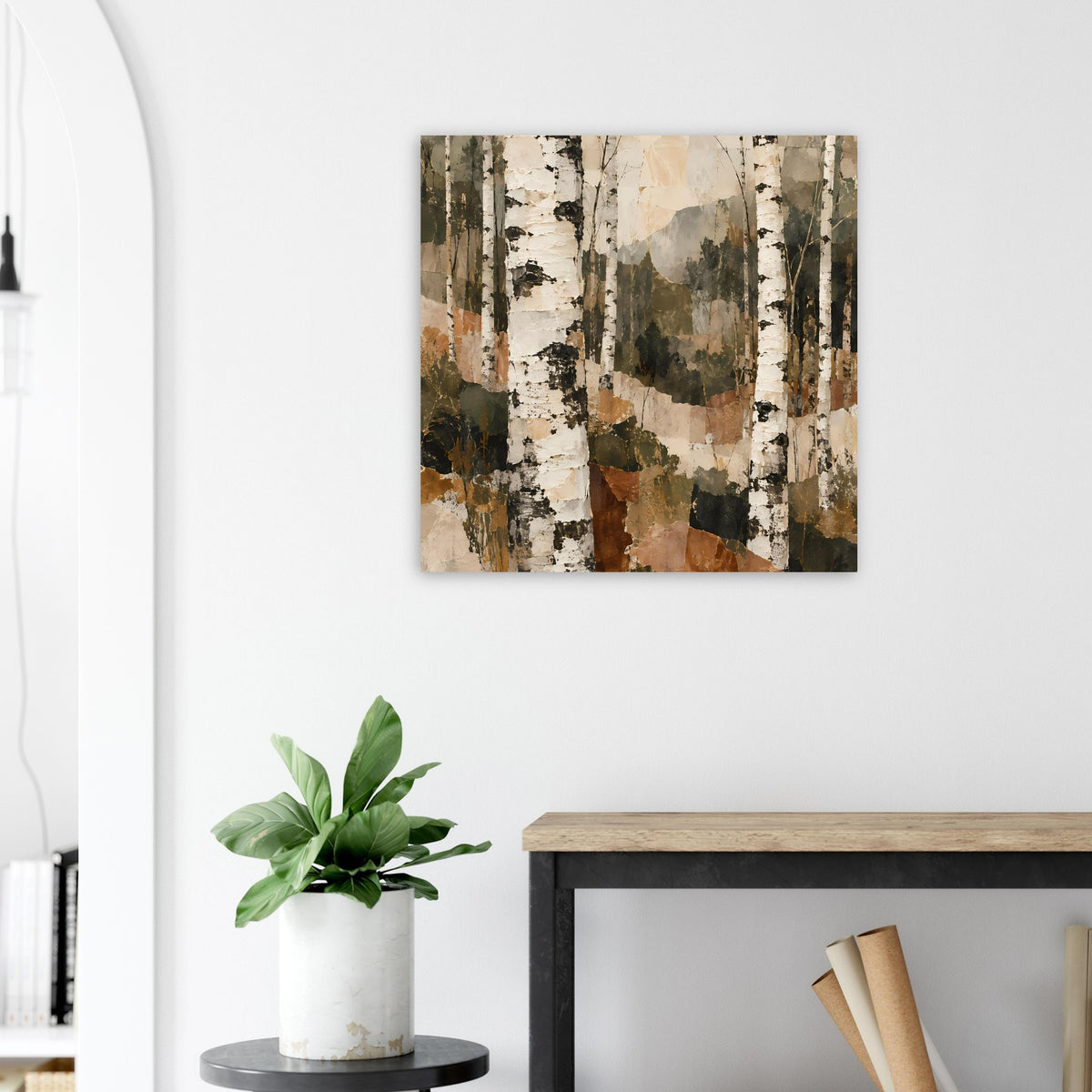 Birkenwald-Kunstdruck: vertikale Baumstämme im Mix aus Creme, Grau, Braun und Grün