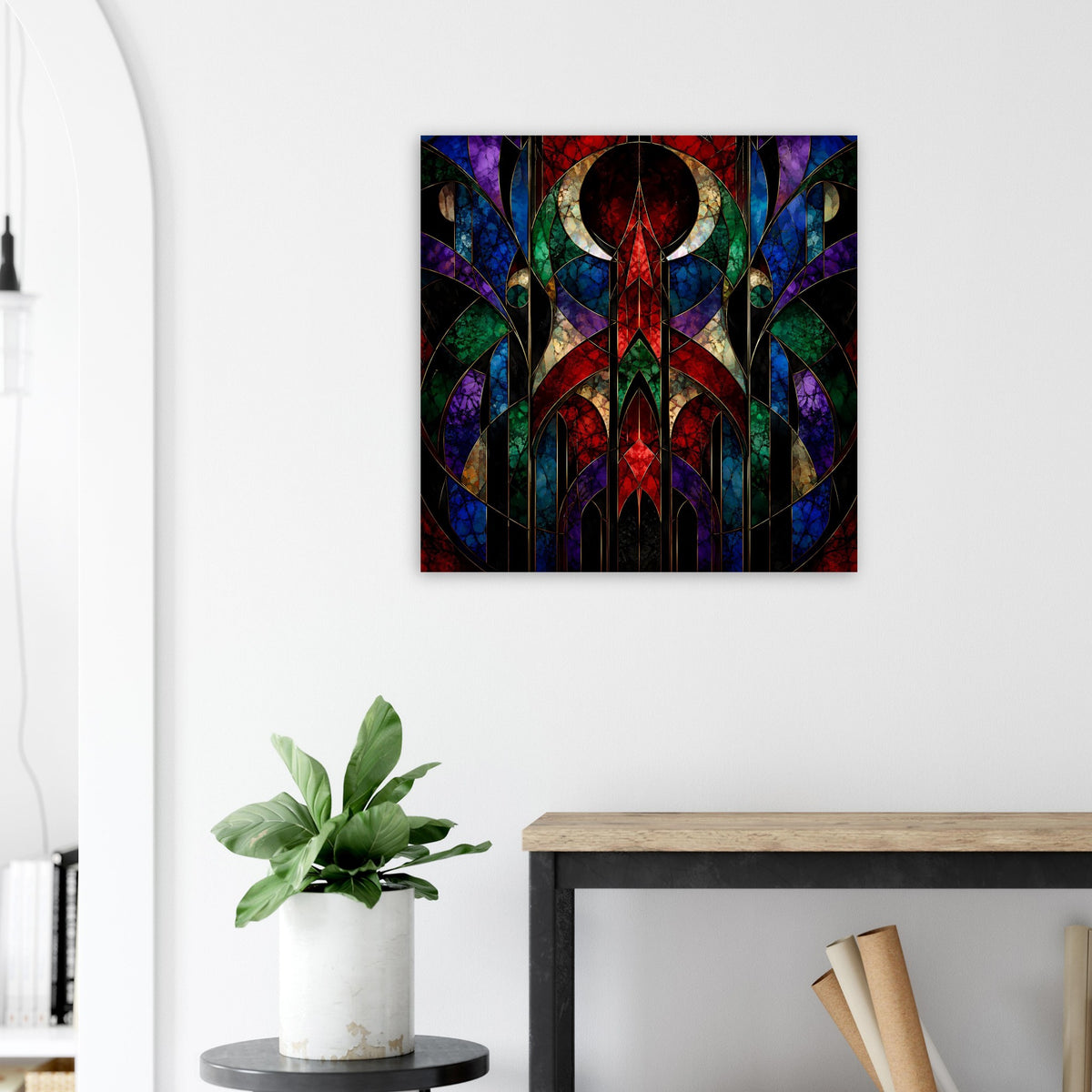 Geometrisches Art-déco-Poster mit farbenfrohem Buntglas-Mosaik