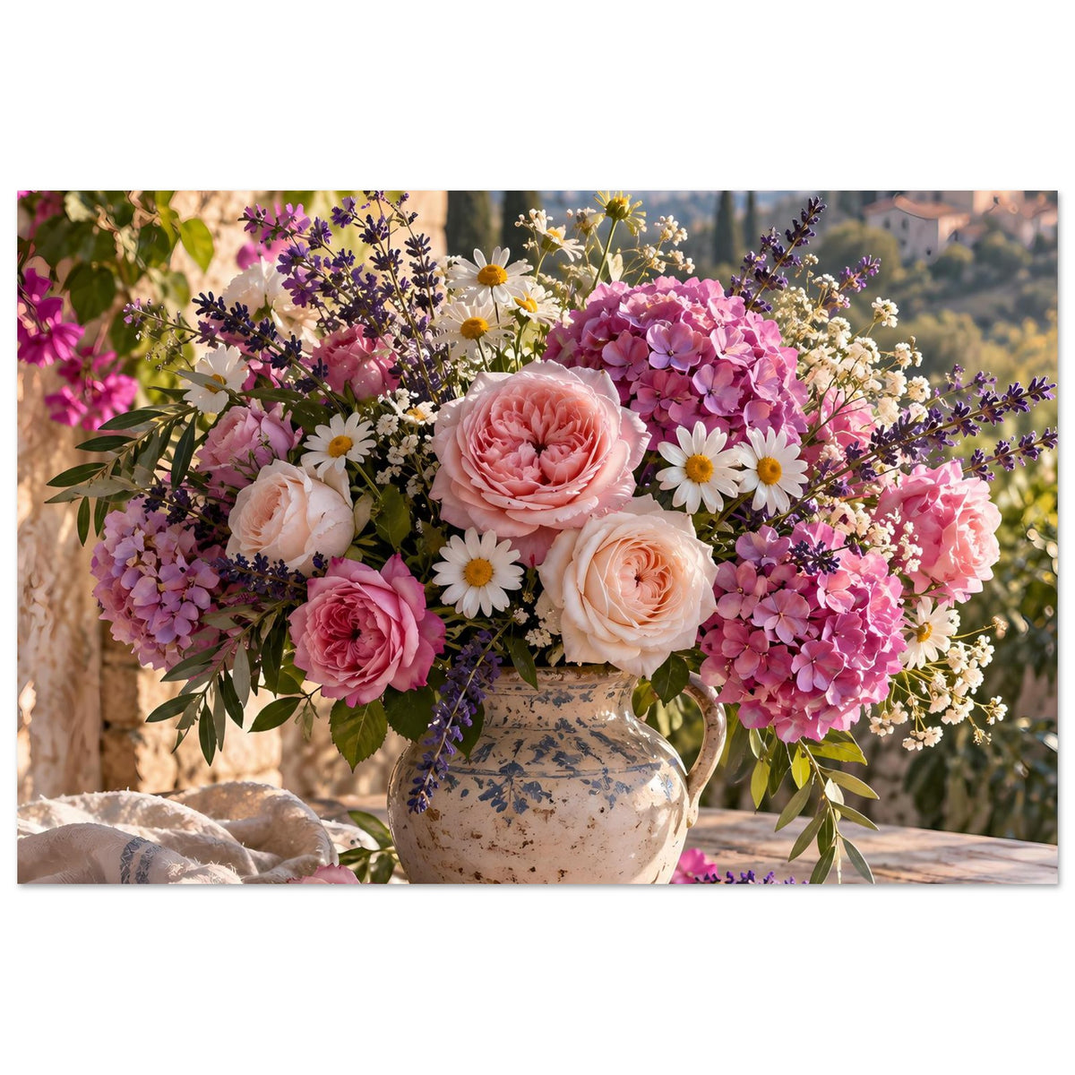 Blumenposter mit Rosendekor und Wildblumenstrauß in Keramikvase