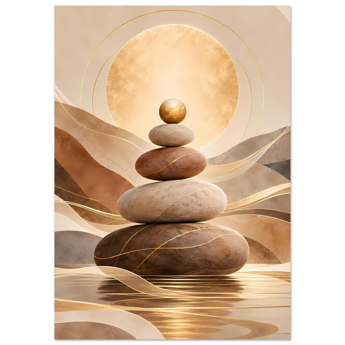 Poster im Zen-Stil: drei bis vier Steine übereinander, goldene Konturen und Kreis im Zentrum