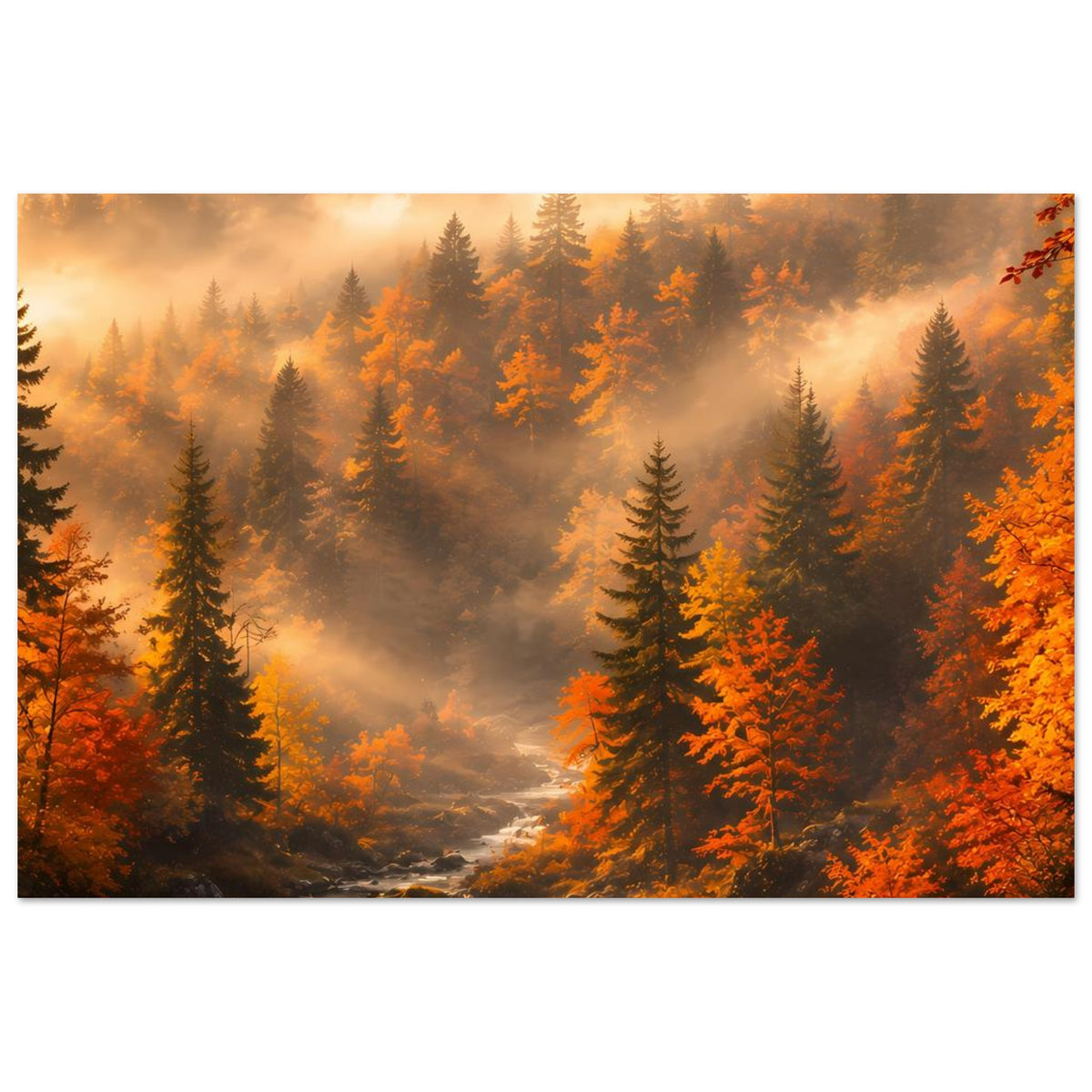 Herbst-Waldlandschafts-Poster mit Wasserlauf, Nebel und orange-roten Baumkronen